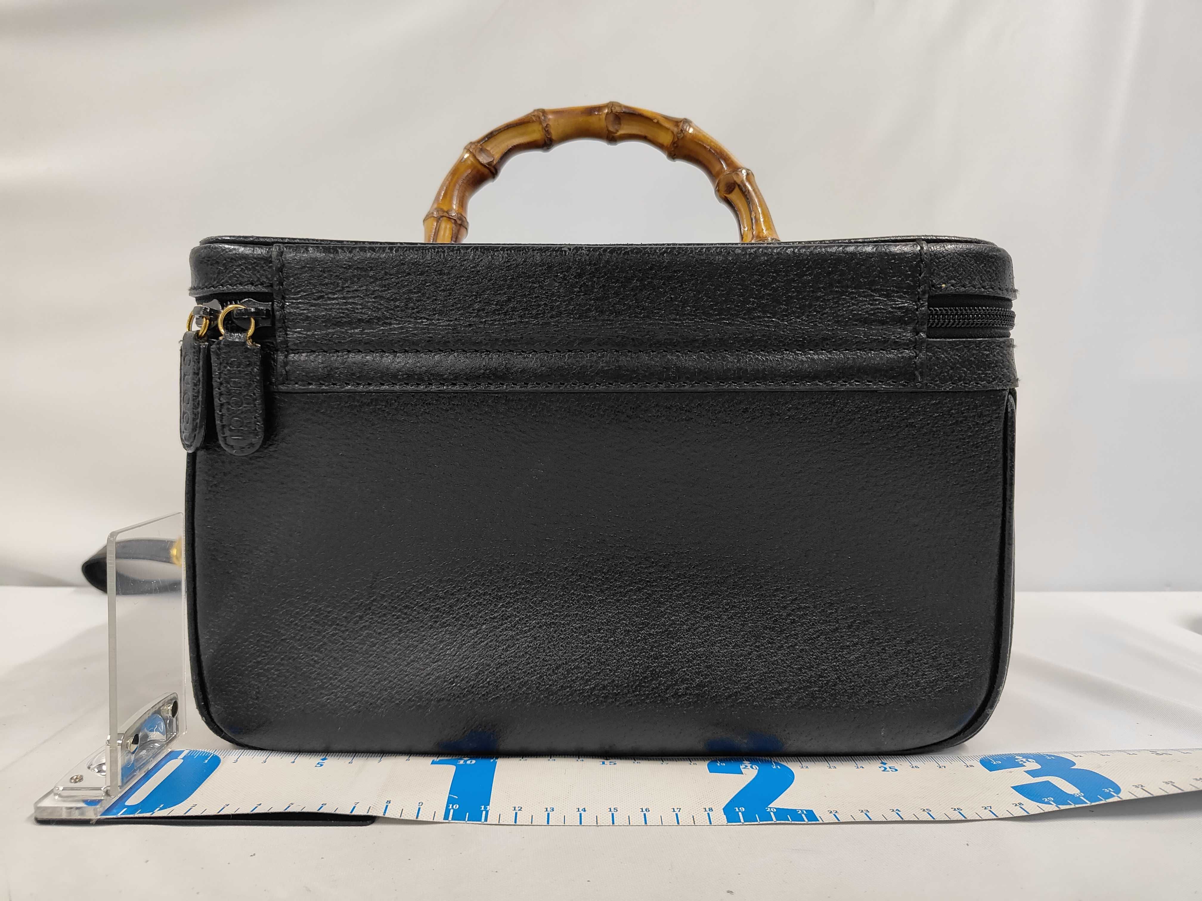 013-122-2491 Leather Bamboo Handbag, Black, Gold Hardware, with Shoulder Strap, Mirror, and Dust Bag. — view 2