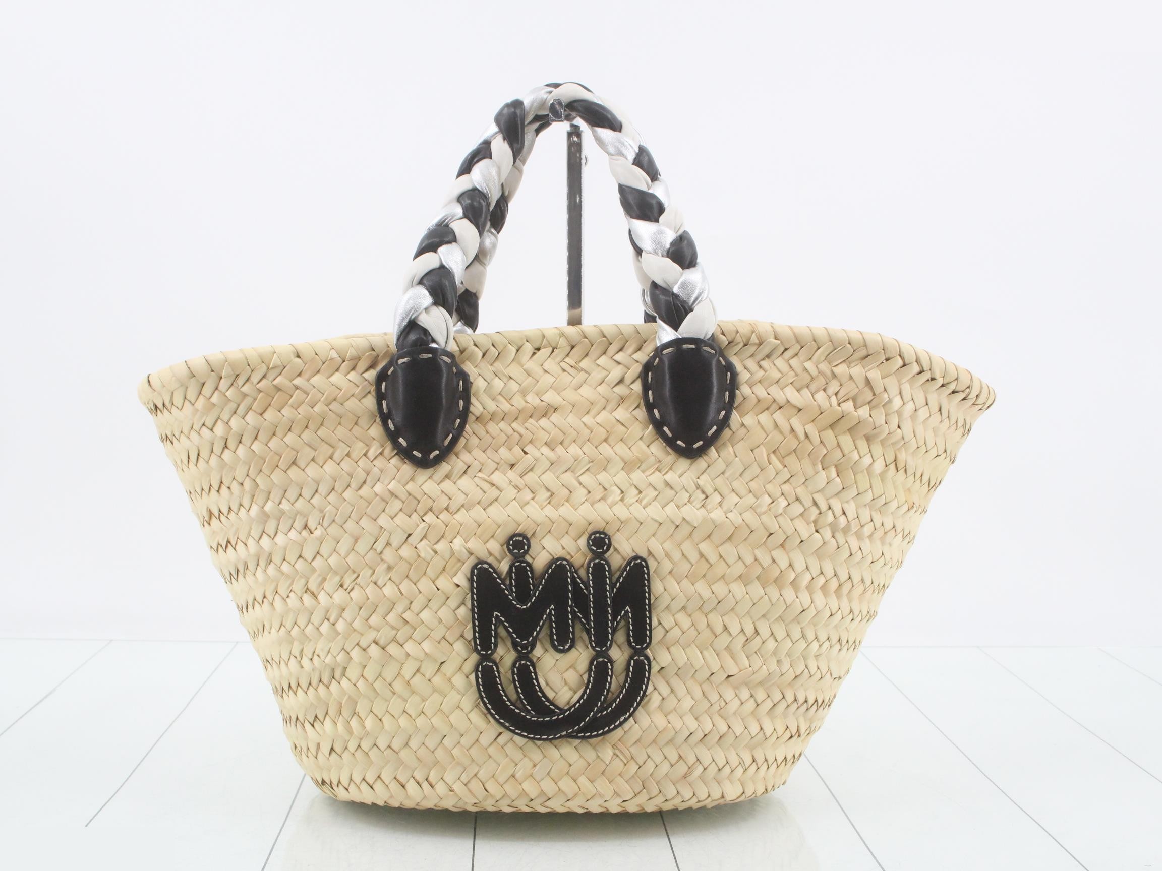 Raffia x Leather Basket Bag, Beige x Black