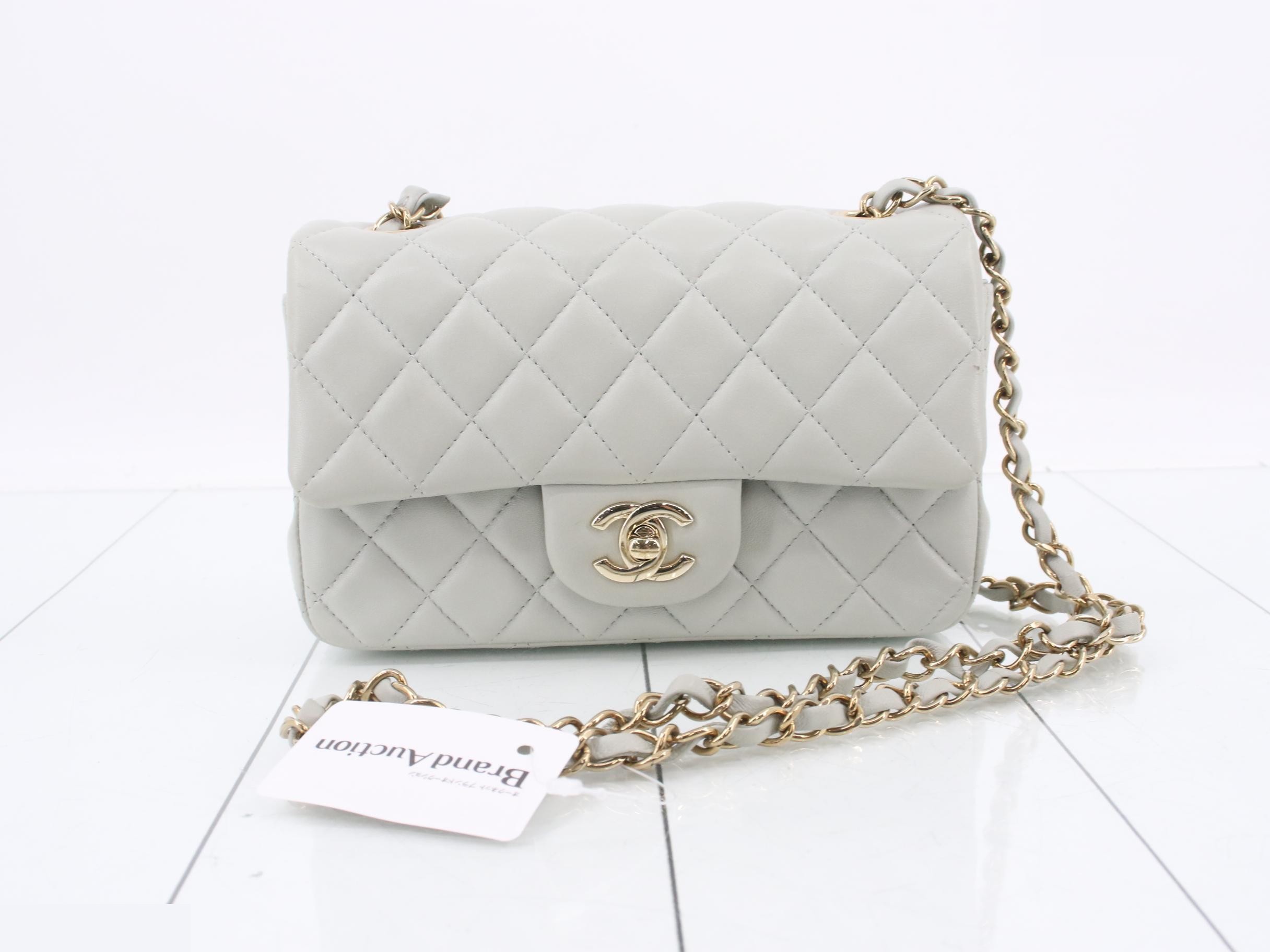Mini Matelassé Lambskin Light Gray Chain Shoulder Bag with Gold Hardware IC
