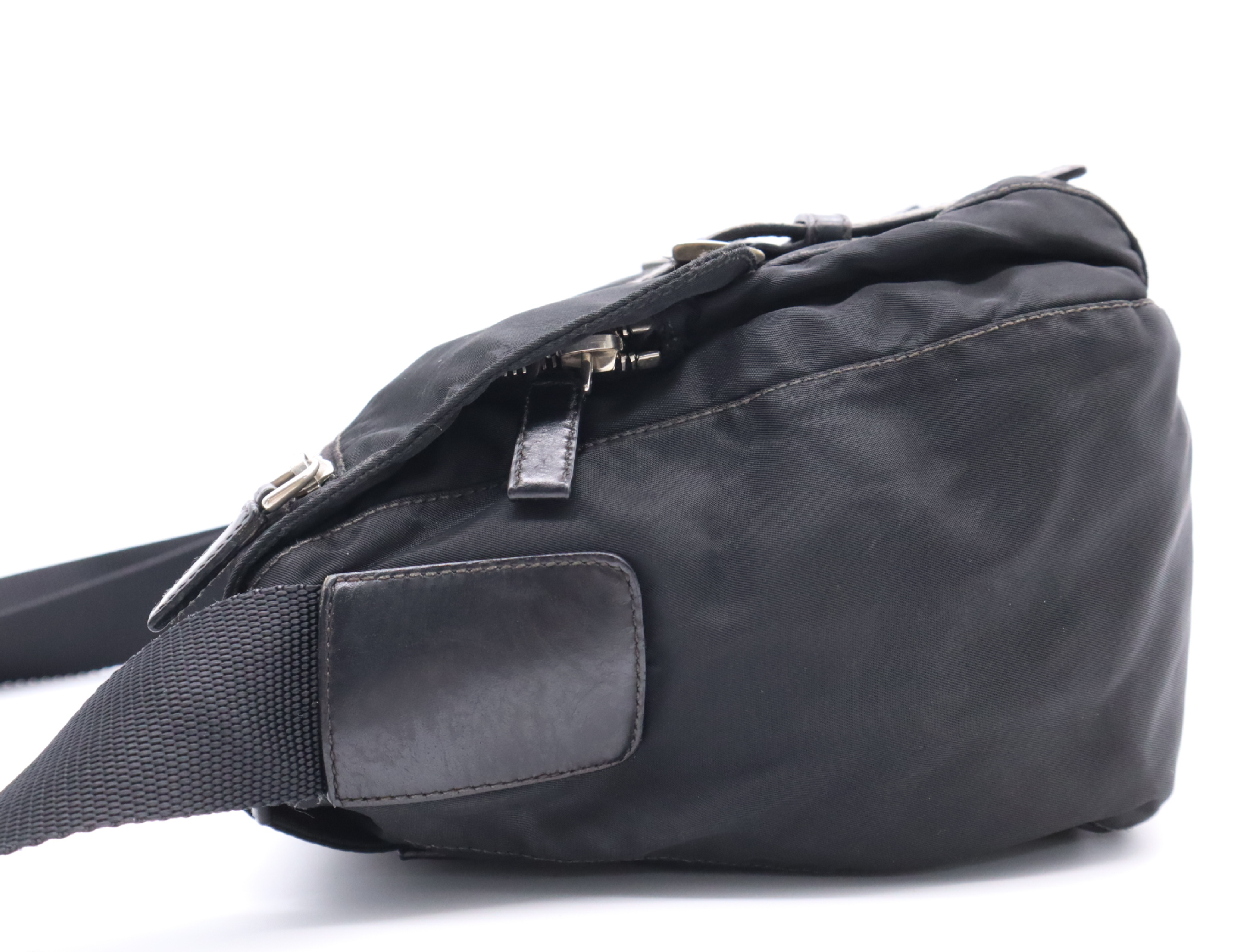 Leather x Nylon Messenger Shoulder Bag, Black, Silver Hardware — view 3