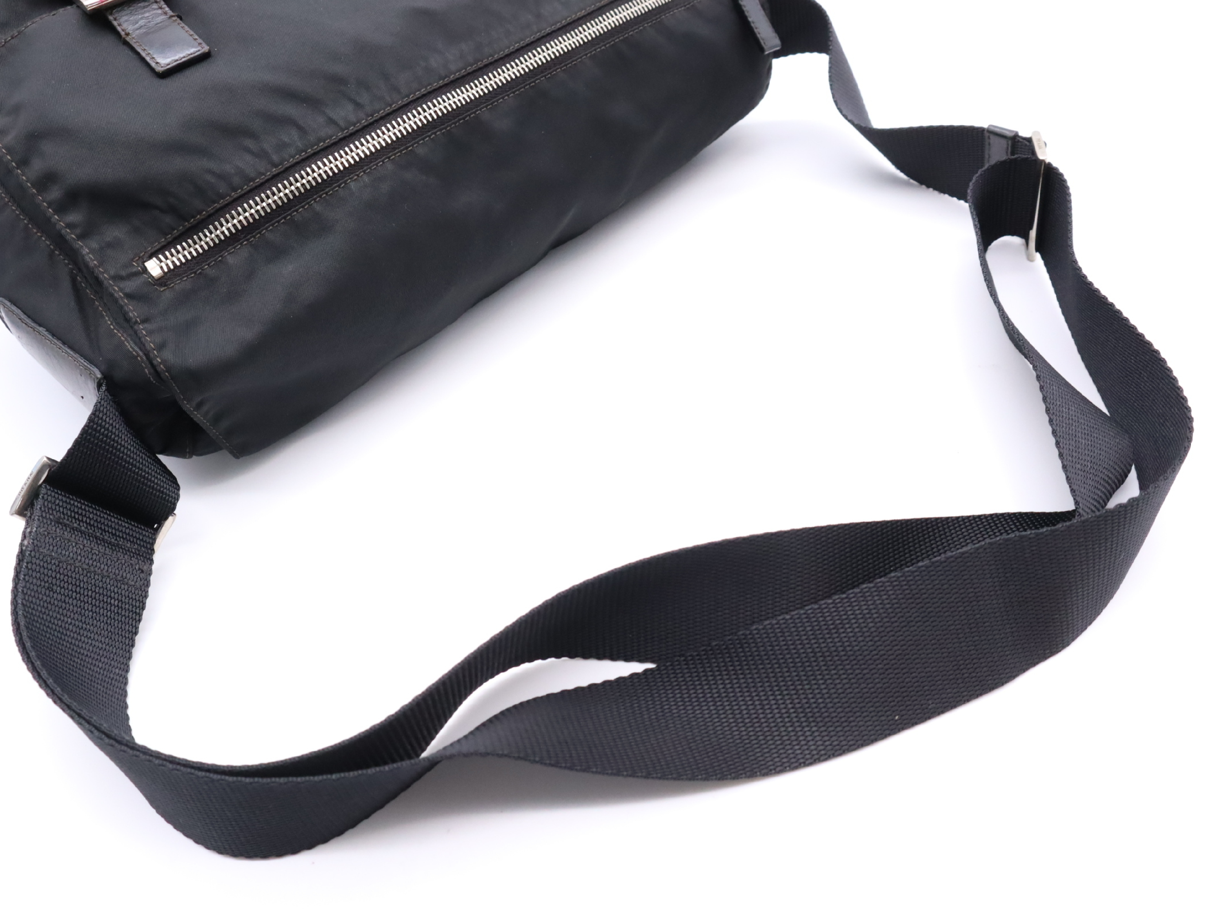 Leather x Nylon Messenger Shoulder Bag, Black, Silver Hardware — view 10