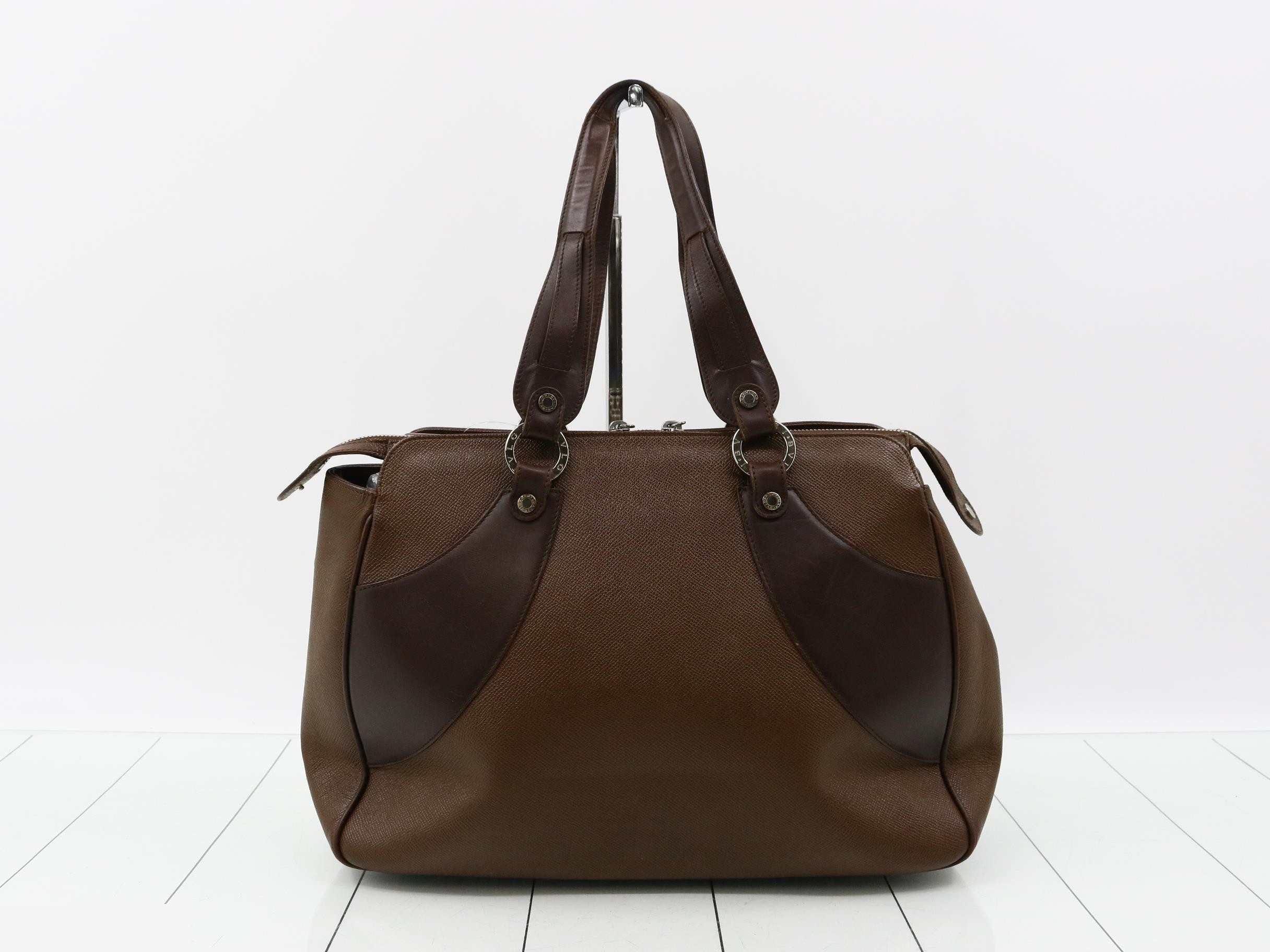 Leather handbag with logo hardware, brown tones. — view 2