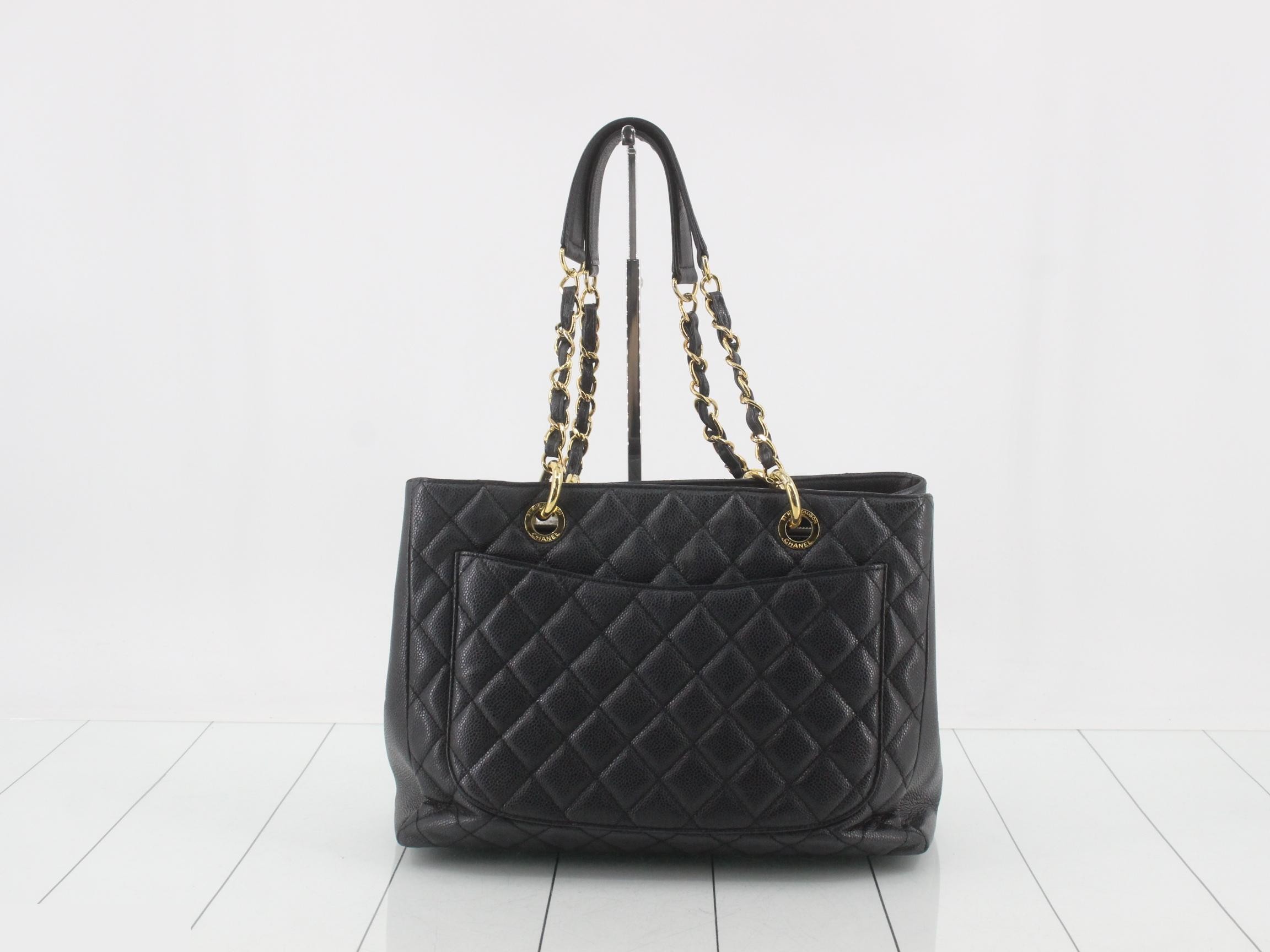 Caviar leather chain tote bag, black — view 2