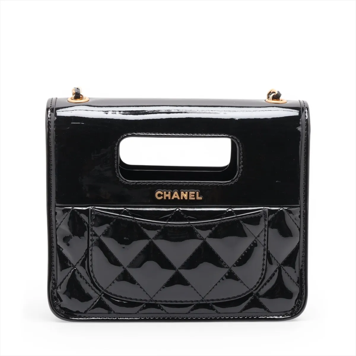 Matelassé Patent Leather 2-Way Shoulder Bag, Black with Gold Hardware, EPNX38E2, Random Plate — view 2