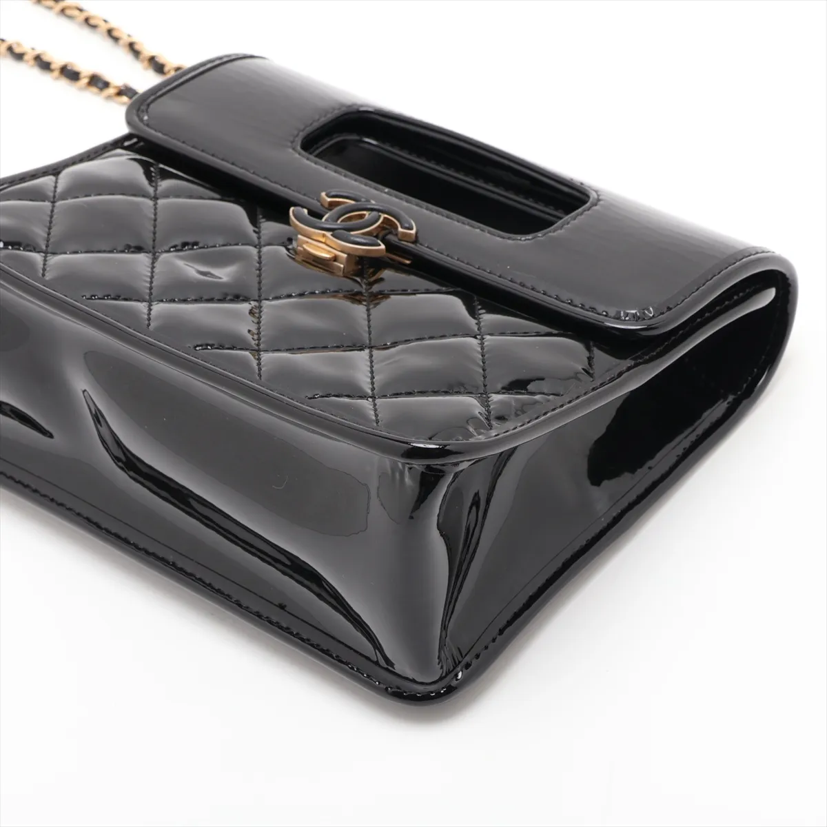 Matelassé Patent Leather 2-Way Shoulder Bag, Black with Gold Hardware, EPNX38E2, Random Plate — view 3