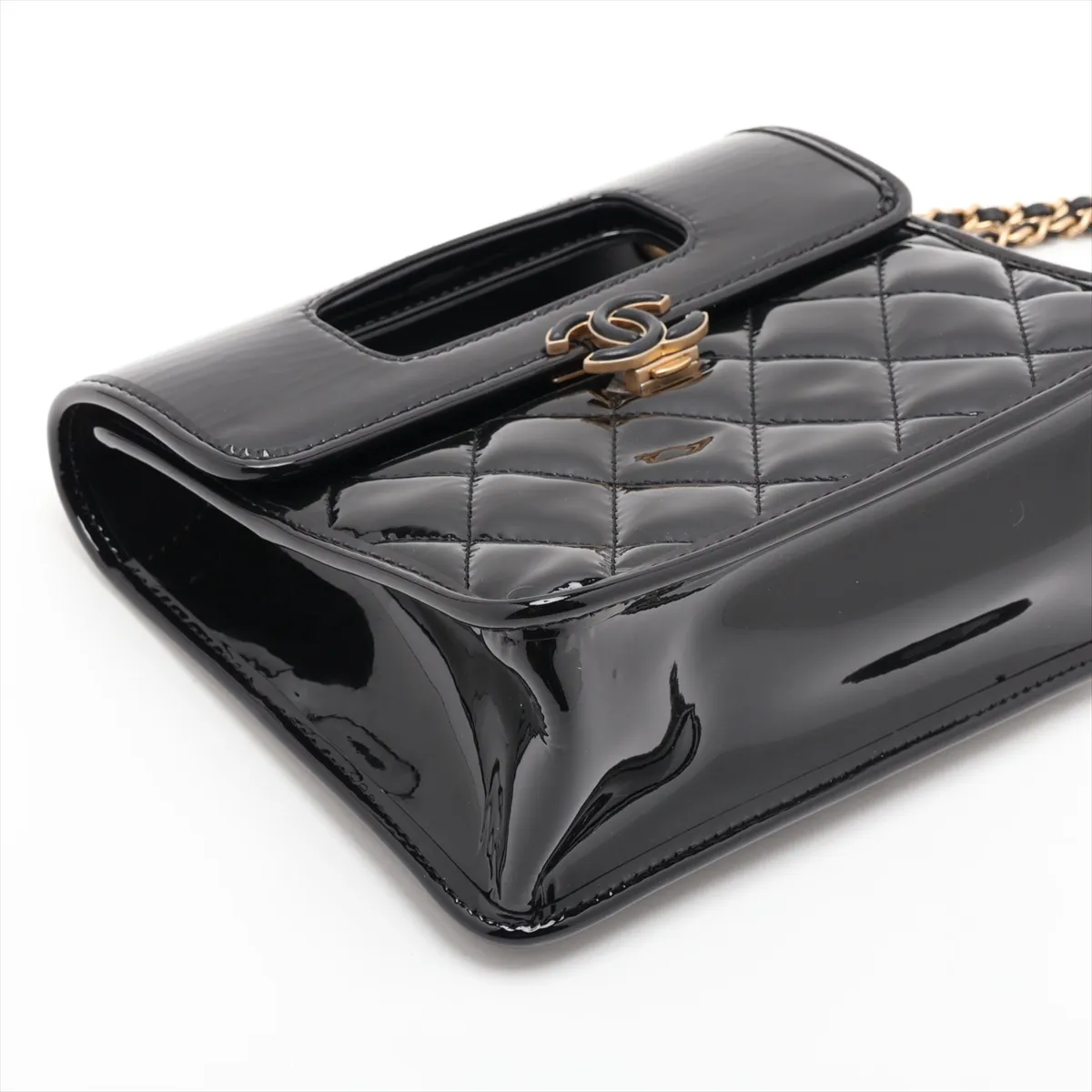Matelassé Patent Leather 2-Way Shoulder Bag, Black with Gold Hardware, EPNX38E2, Random Plate — view 4