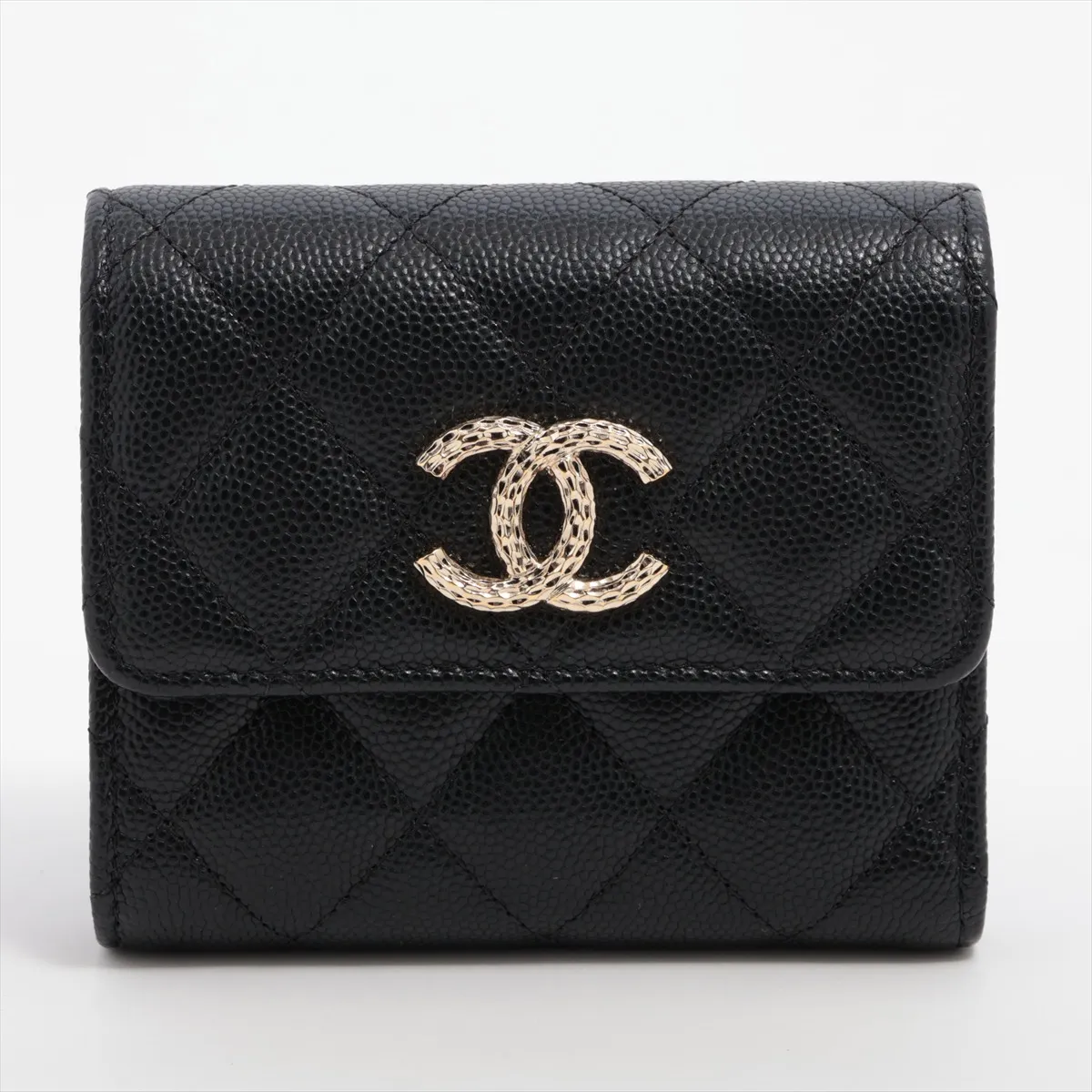 Matelassé Caviar Skin Compact Wallet, Black with Gold Hardware, P7576017