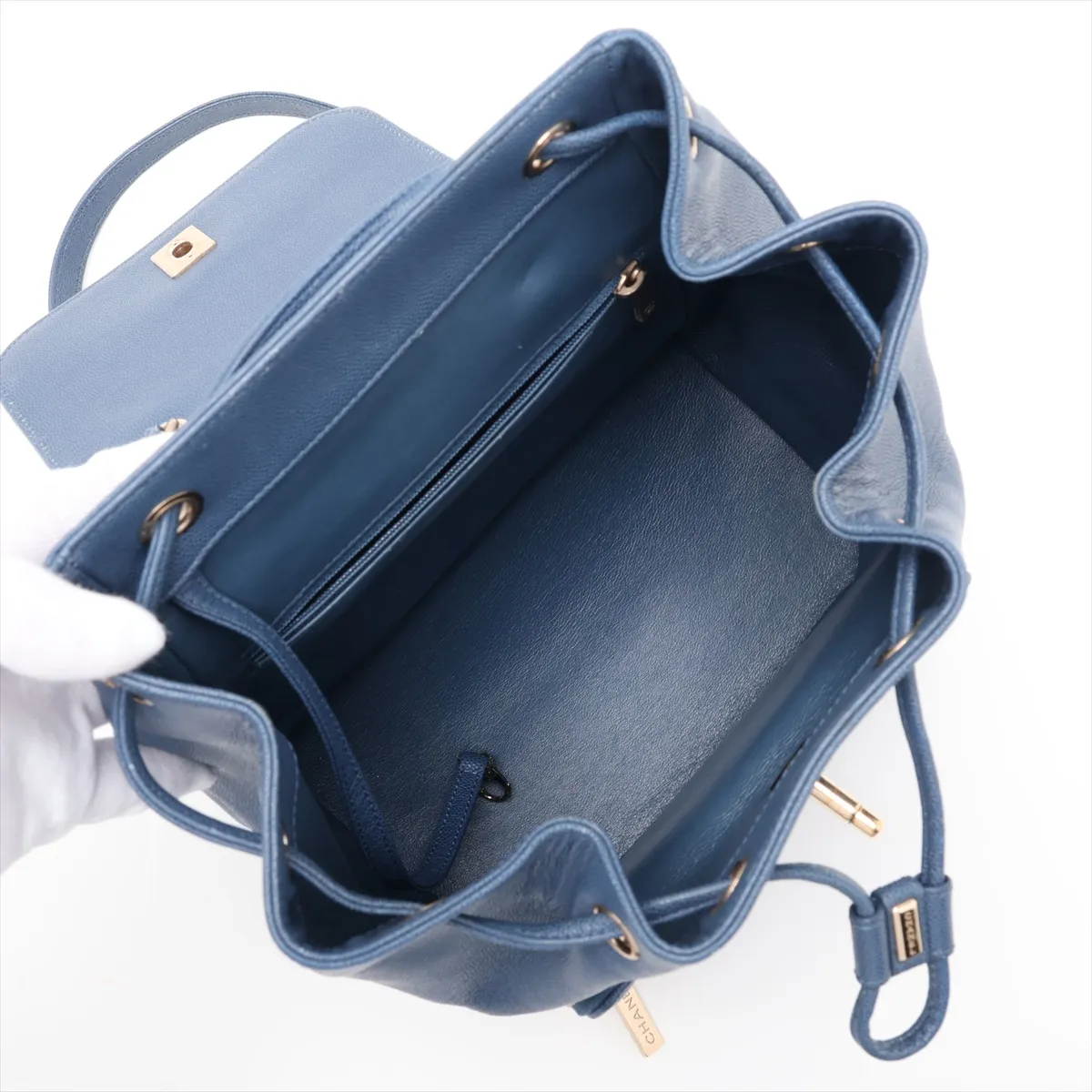 Business Affinity Caviar Skin Chain Backpack, Blue with Gold Hardware, 26841617, serial number in the 26 range. — view 7