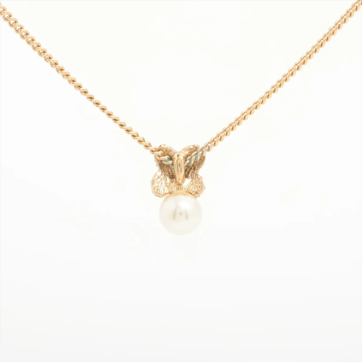 necklace, gold plated, rhinestones, and faux pearls. Shows signs of wear, including — view 2