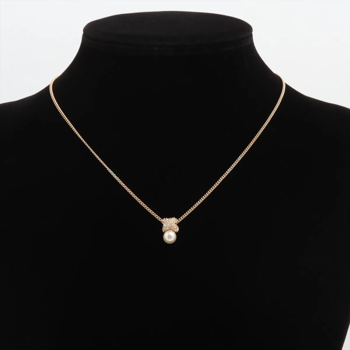 necklace, gold plated, rhinestones, and faux pearls. Shows signs of wear, including — view 5