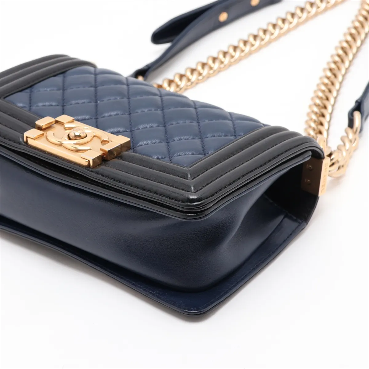 Boy Chanel 20 Small Lambskin Chain Shoulder Bag, Blue x Black, Gold Hardware, 23372676, Serial Number 23-series, A67085 — view 3