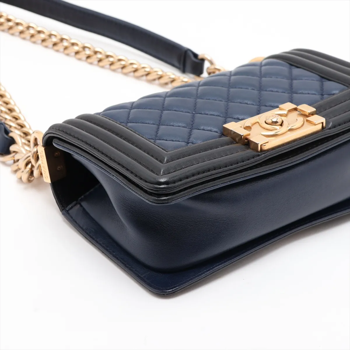 Boy Chanel 20 Small Lambskin Chain Shoulder Bag, Blue x Black, Gold Hardware, 23372676, Serial Number 23-series, A67085 — view 4