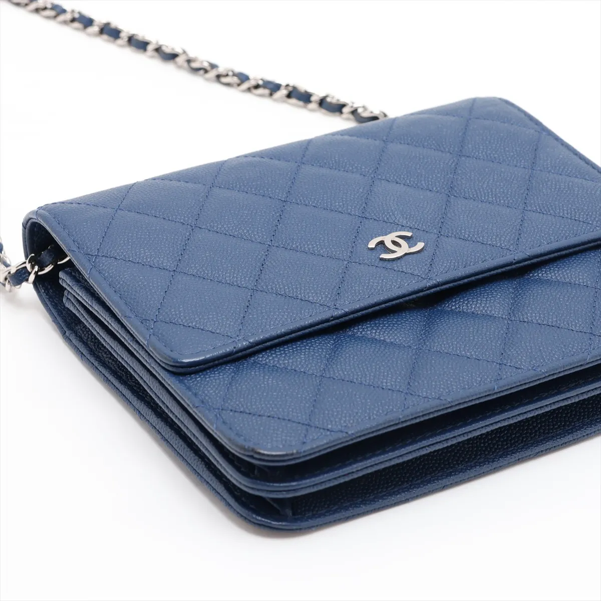 Matelassé Caviar Skin Chain Wallet, Blue, Silver Hardware, 24963226, Serial Number 24 — view 4