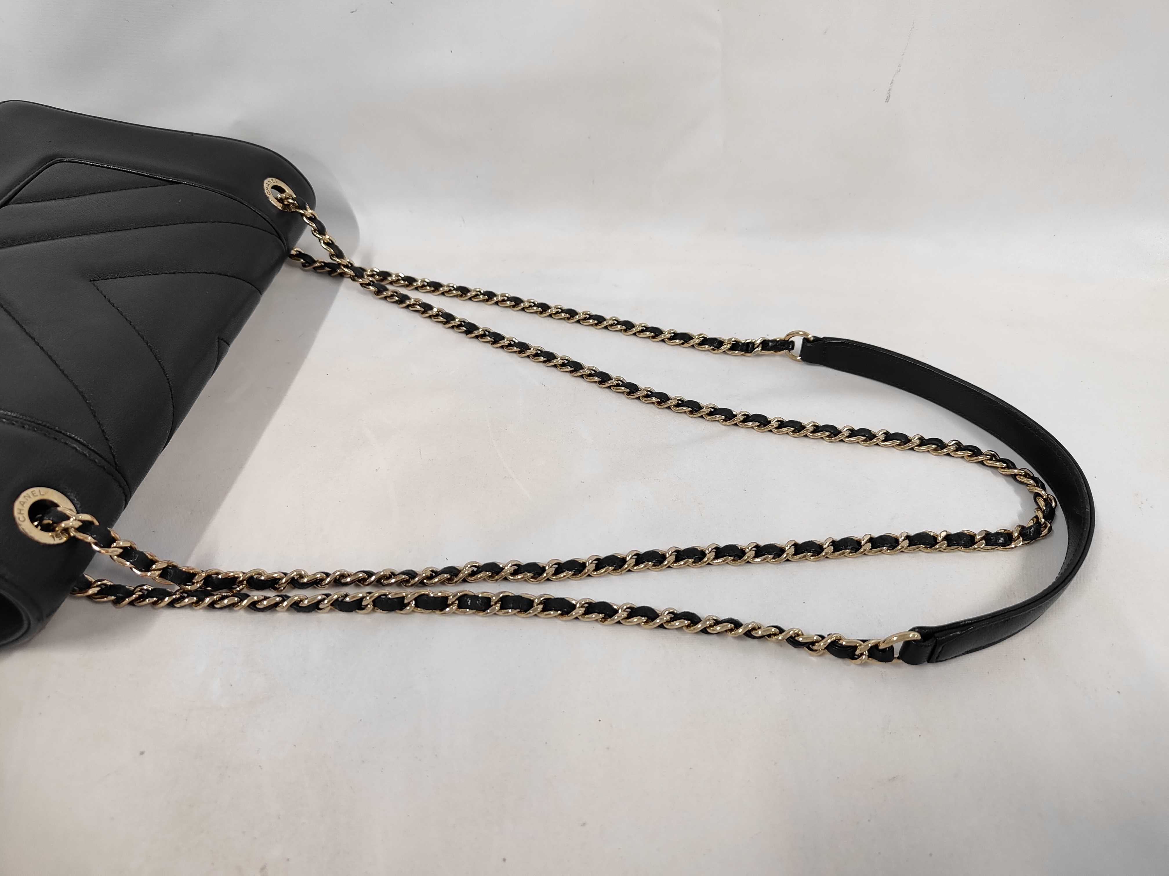Chevron V-stitch Chain Shoulder Bag, Lambskin, Black, Gold Hardware, with original seal, serial number 24-series. — view 5