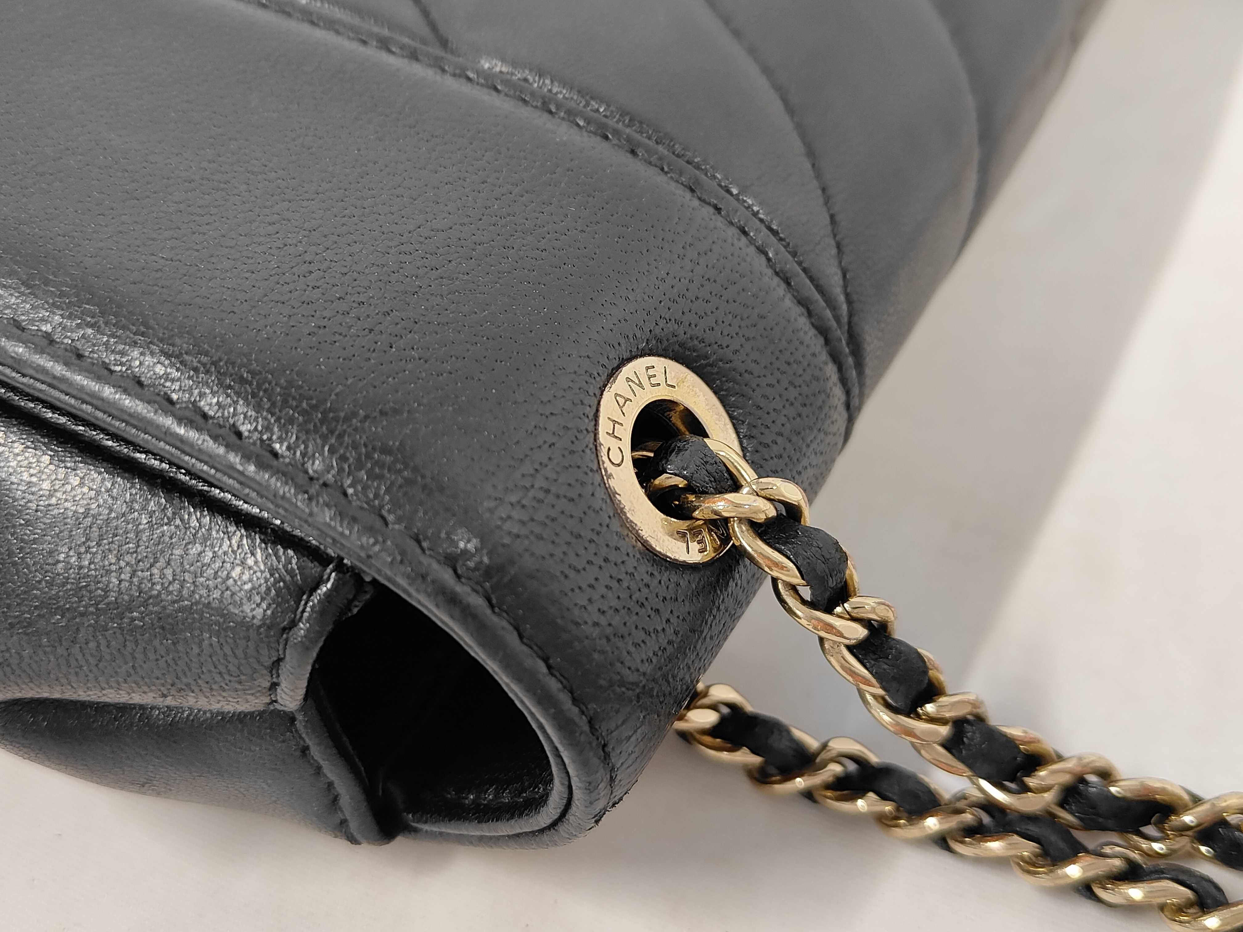 Chevron V-stitch Chain Shoulder Bag, Lambskin, Black, Gold Hardware, with original seal, serial number 24-series. — view 6