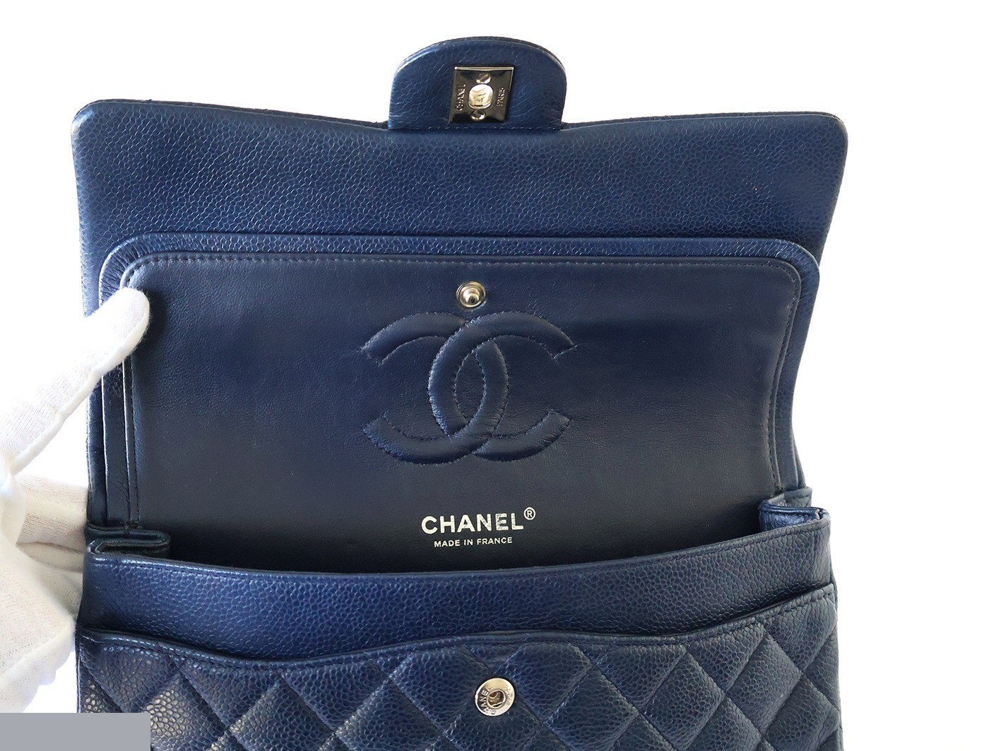Caviar leather Matelassé 25 Double flap Double chain shoulder bag, navy — view 11