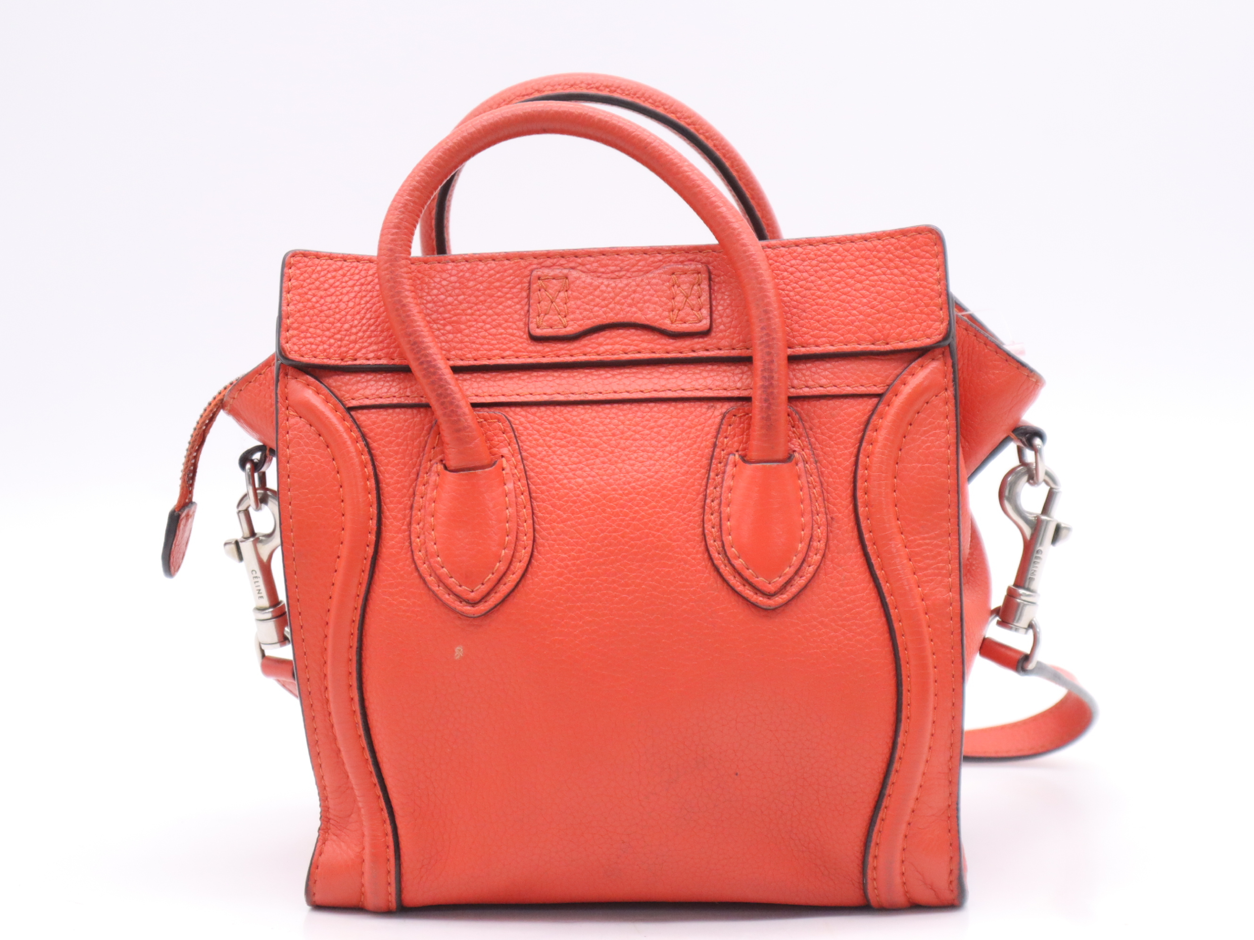 Leather Luggage Nano Shopper Handbag, Orange, Silver Hardware, with Shoulder Strap — view 2