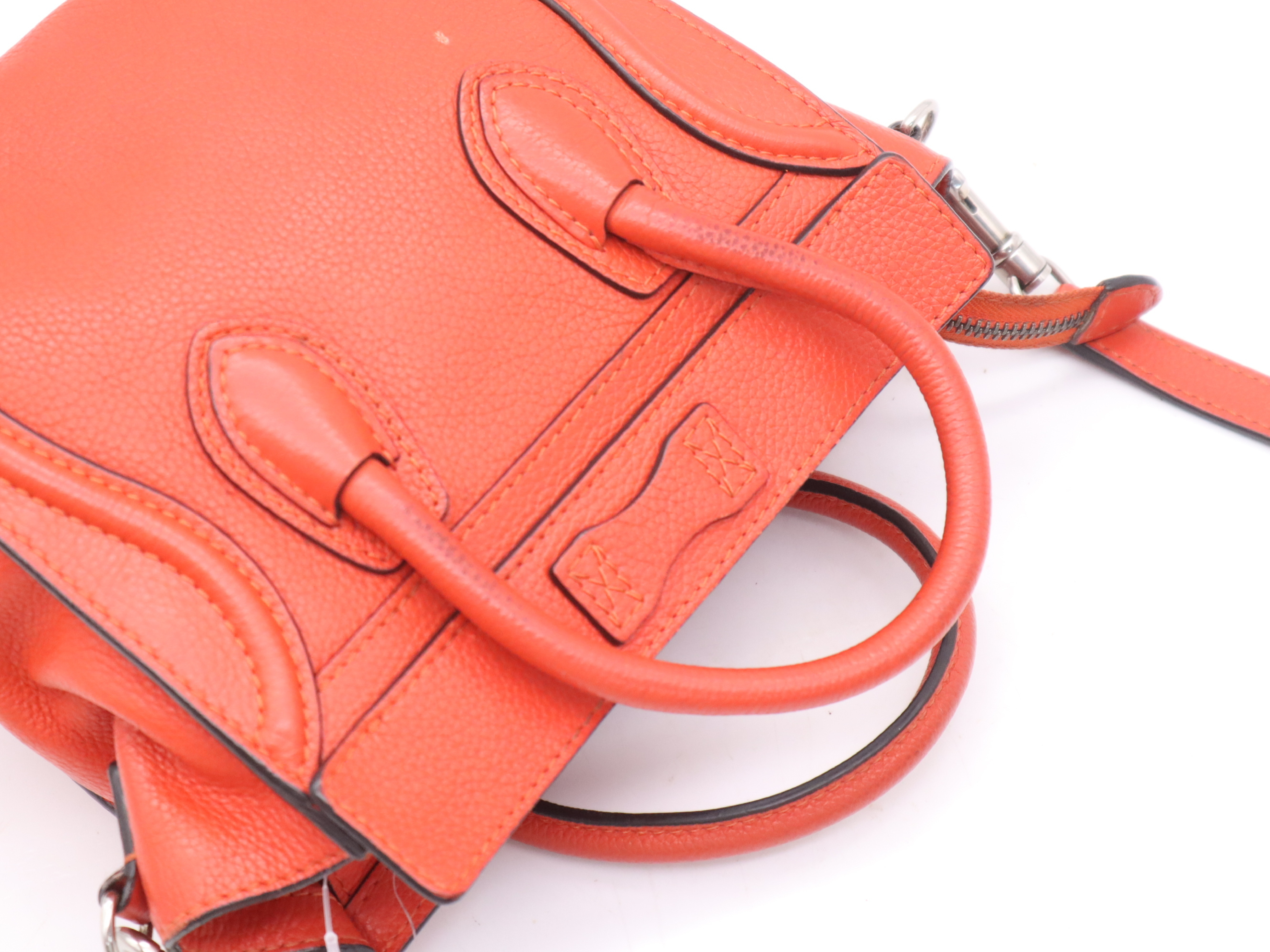 Leather Luggage Nano Shopper Handbag, Orange, Silver Hardware, with Shoulder Strap — view 6