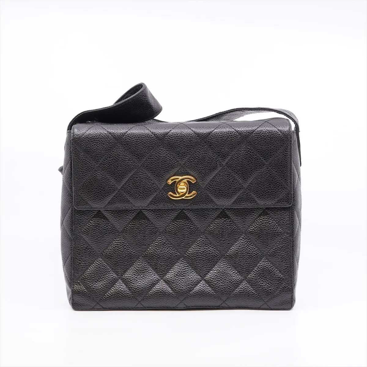 Matelassé Caviar Skin Shoulder Bag, Black with Gold Hardware, 4742471 (Serial Number 4), Dust Bag Included.