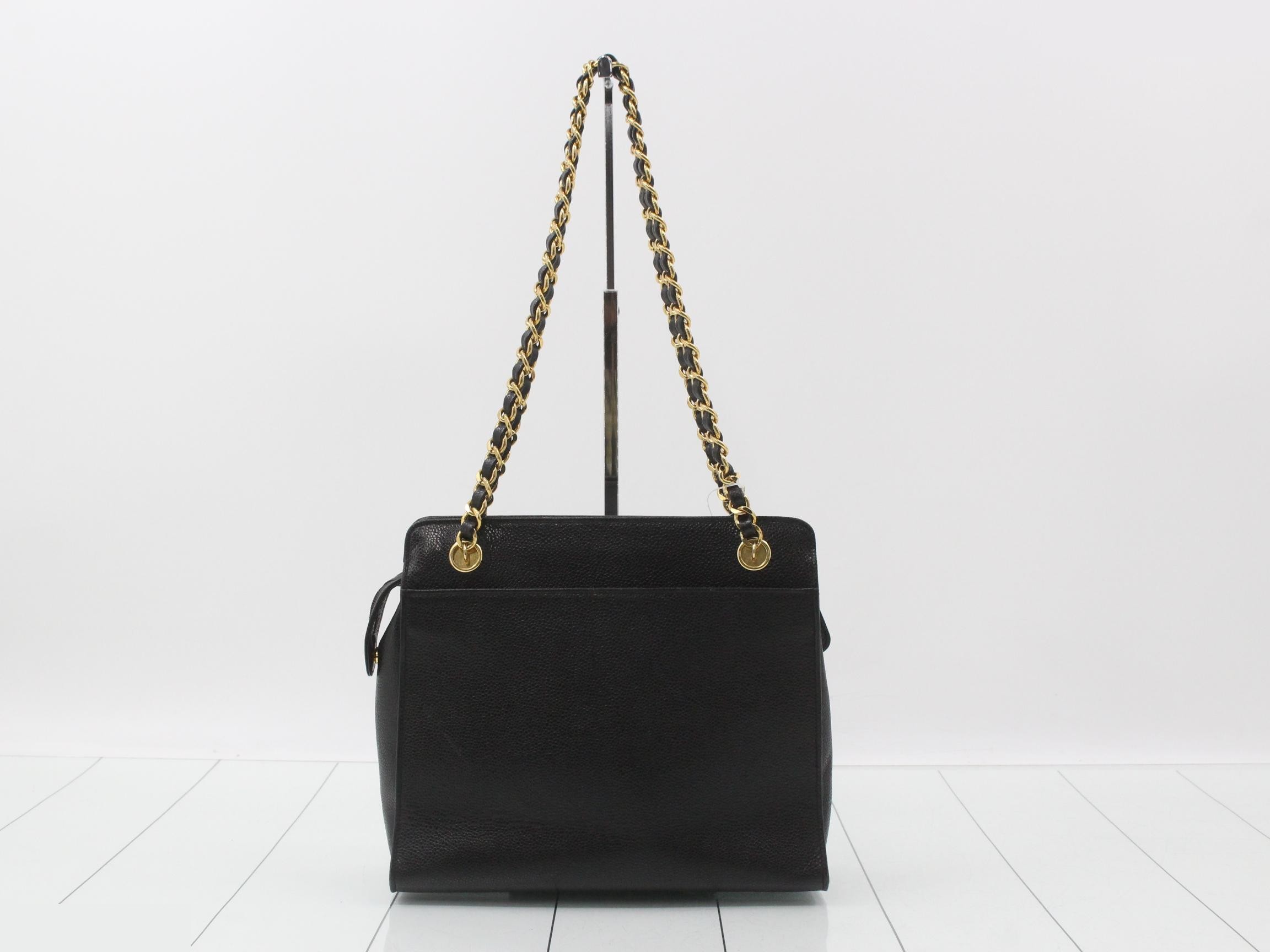 Caviar Skin Chain Tote, Black — view 2