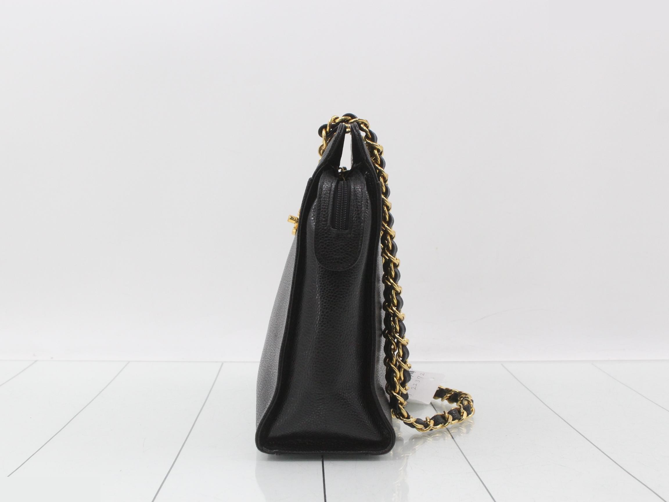 Caviar Skin Chain Tote, Black — view 3