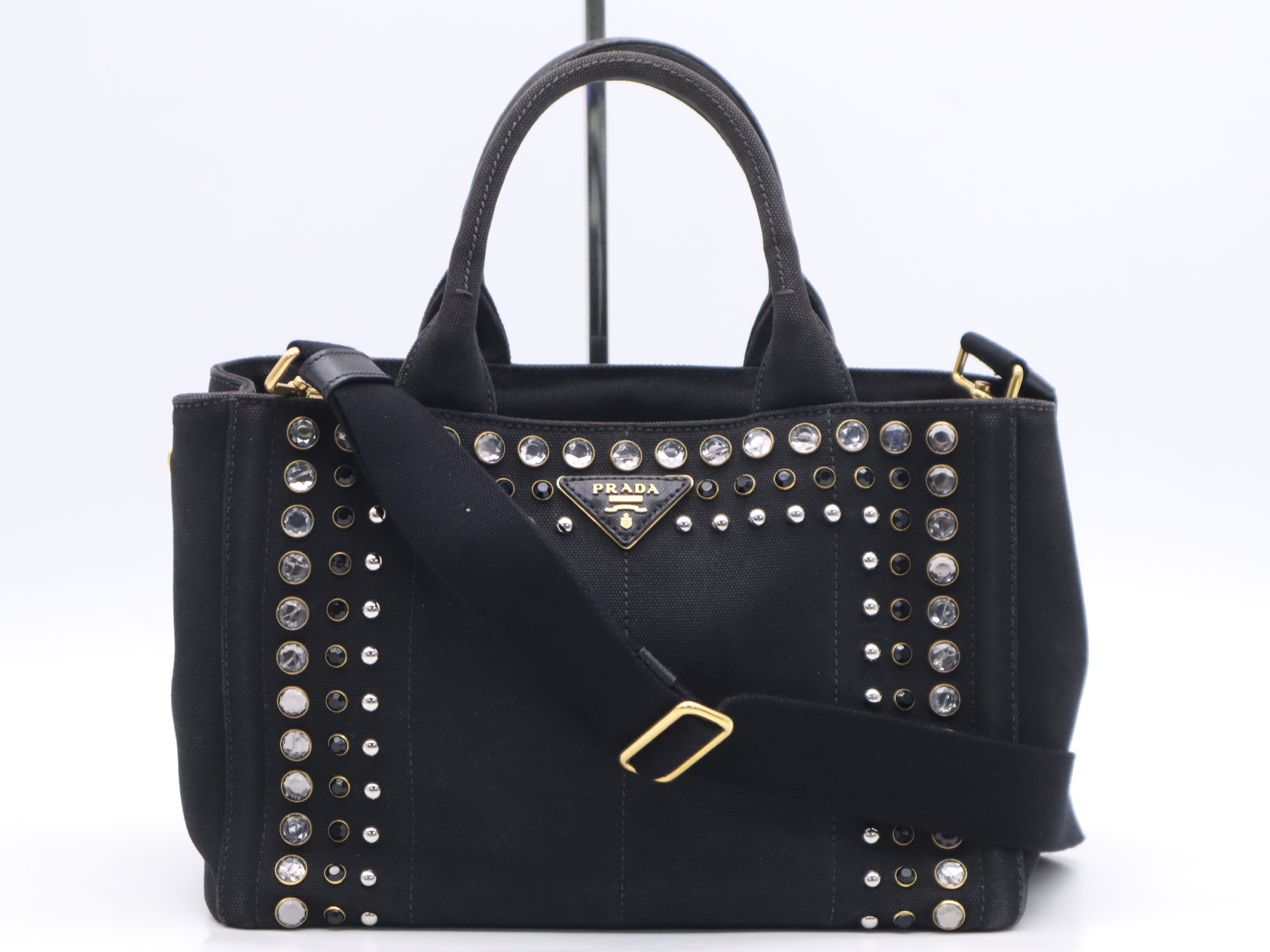 Denim Jewel Studded Canapa Tote Mini Black Gold Hardware with Shoulder Strap