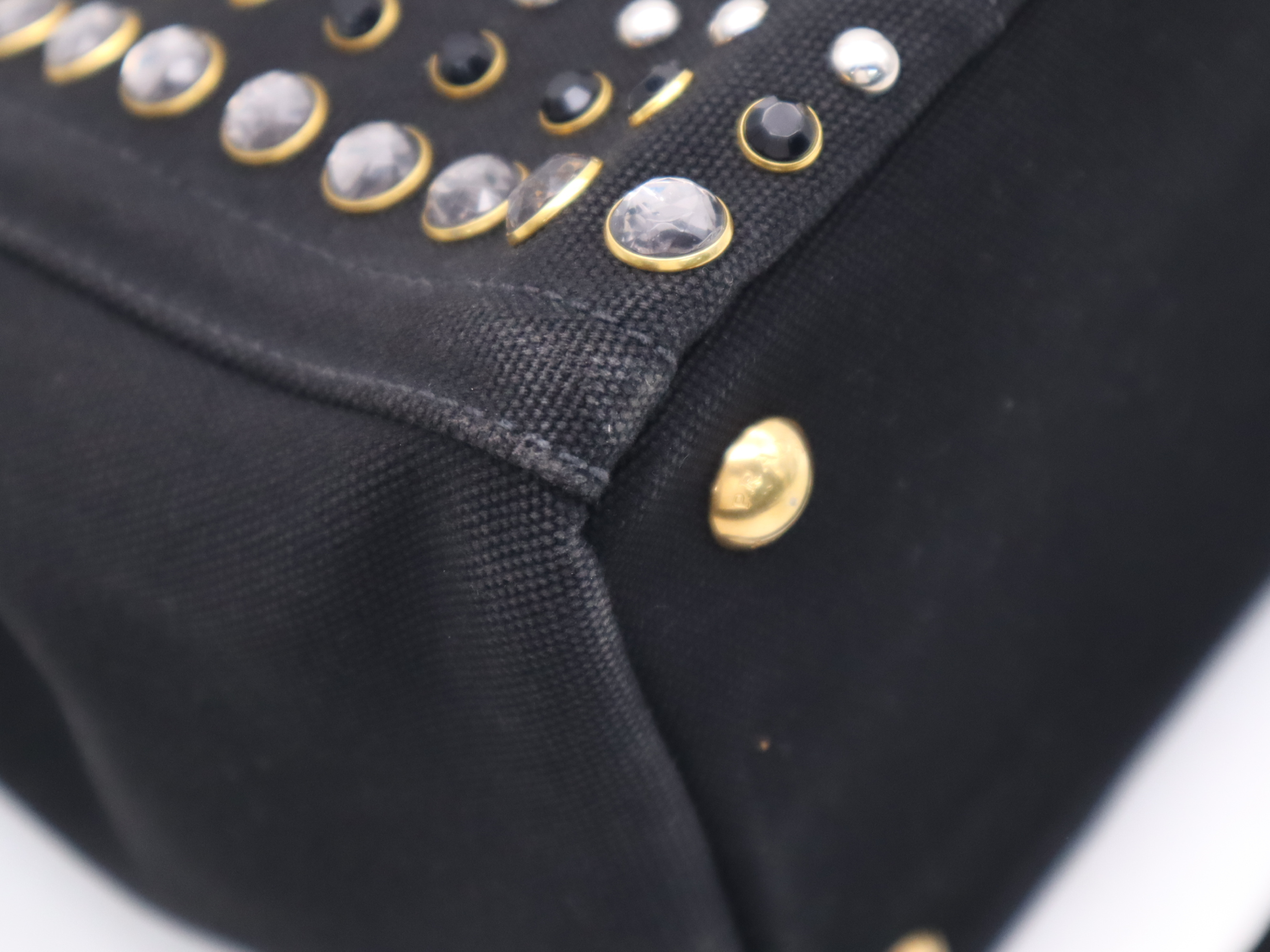 Denim Jewel Studded Canapa Tote Mini Black Gold Hardware with Shoulder Strap — view 10
