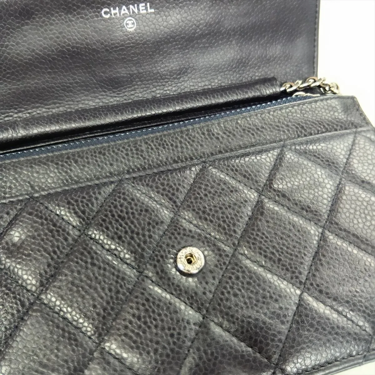 Matelassé Caviar Skin Chain Wallet, Navy, Silver Hardware, 18521552, Serial Number 18 — view 14