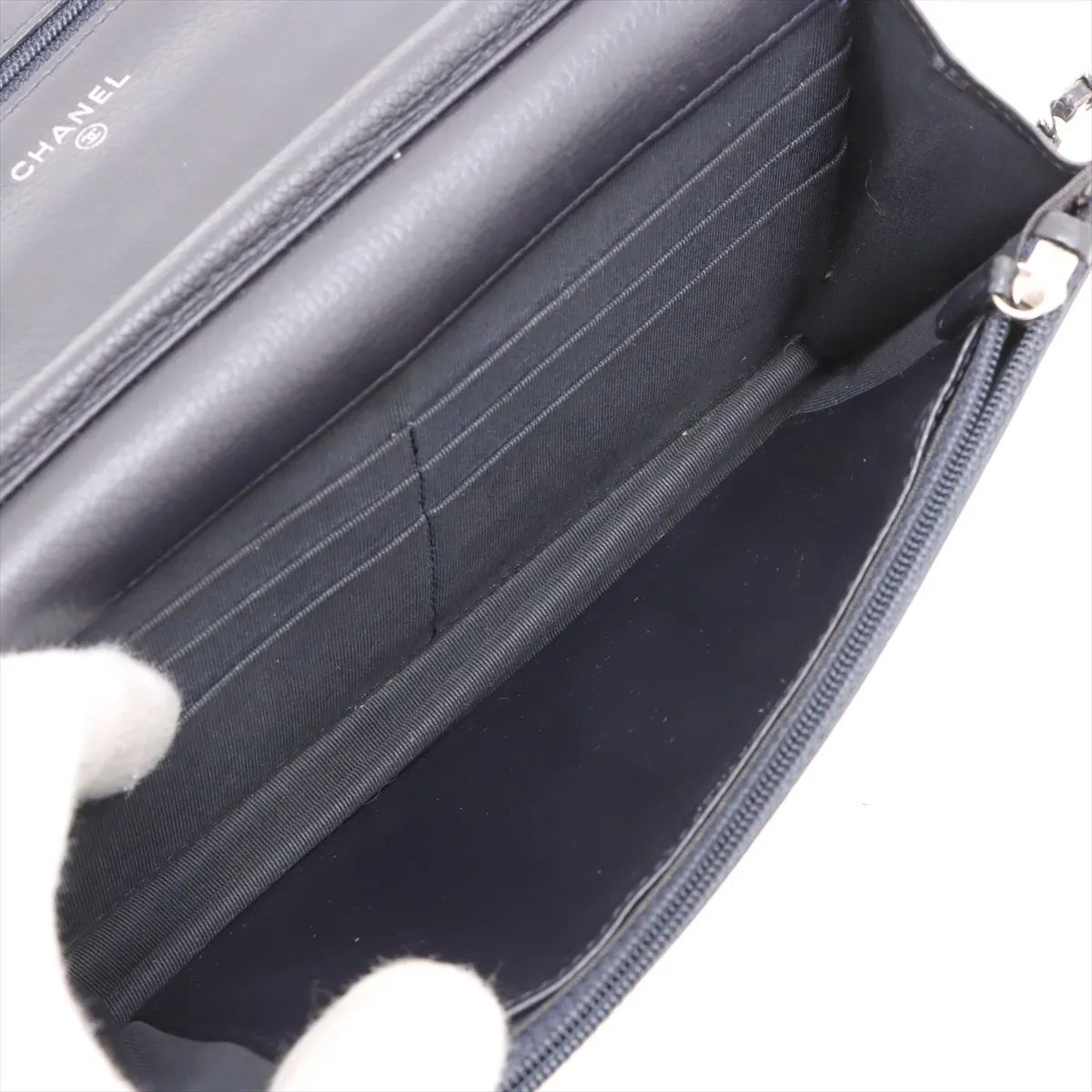 Matelassé Caviar Skin Chain Wallet, Navy, Silver Hardware, 18521552, Serial Number 18 — view 6