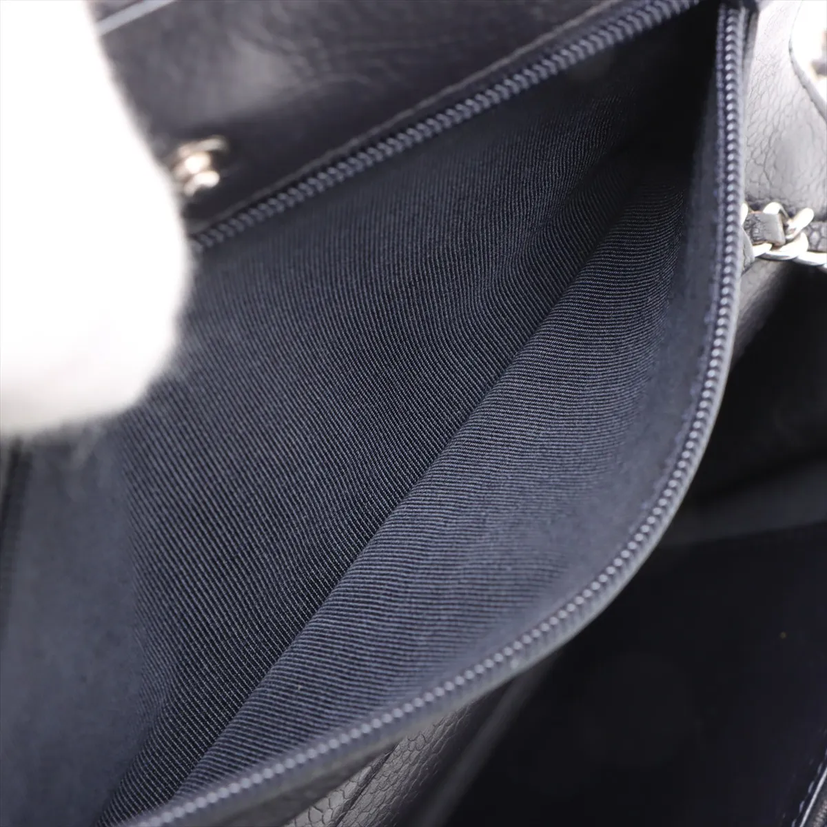 Matelassé Caviar Skin Chain Wallet, Navy, Silver Hardware, 18521552, Serial Number 18 — view 10