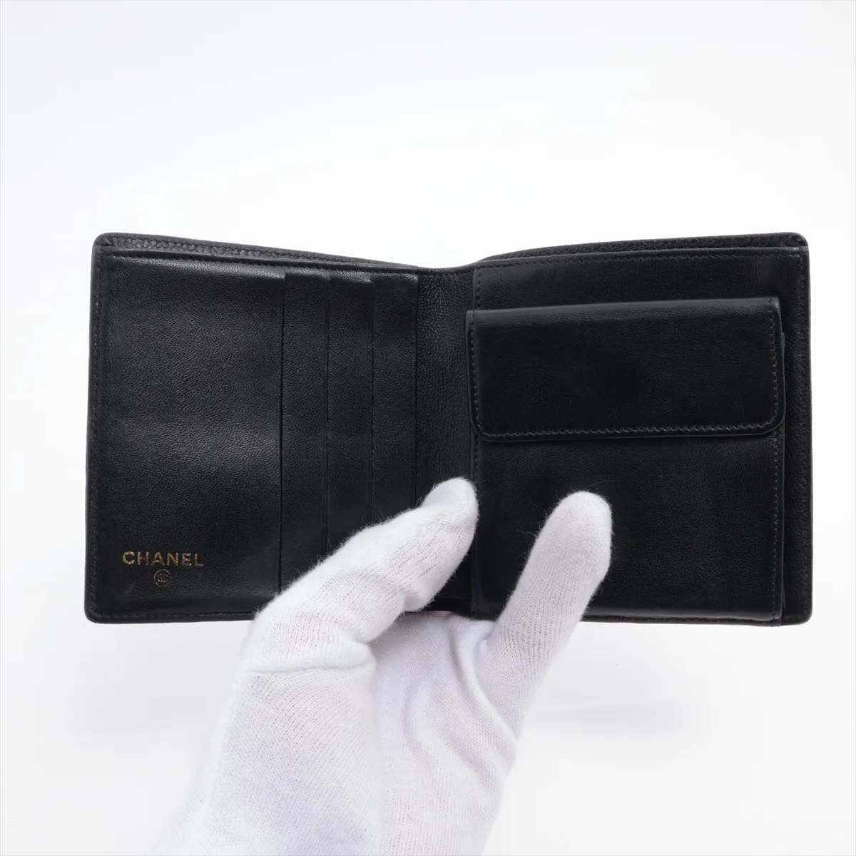 Coco Mark Caviar Skin Compact Wallet, Black with Gold Hardware, 5050517 — view 3