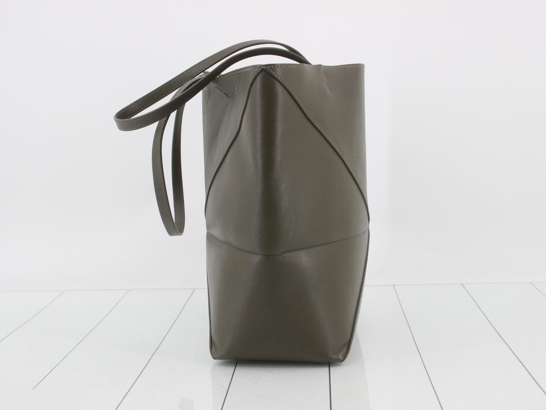 Puzzlefold Tote Medium Leather Tote Bag, Khaki — view 3