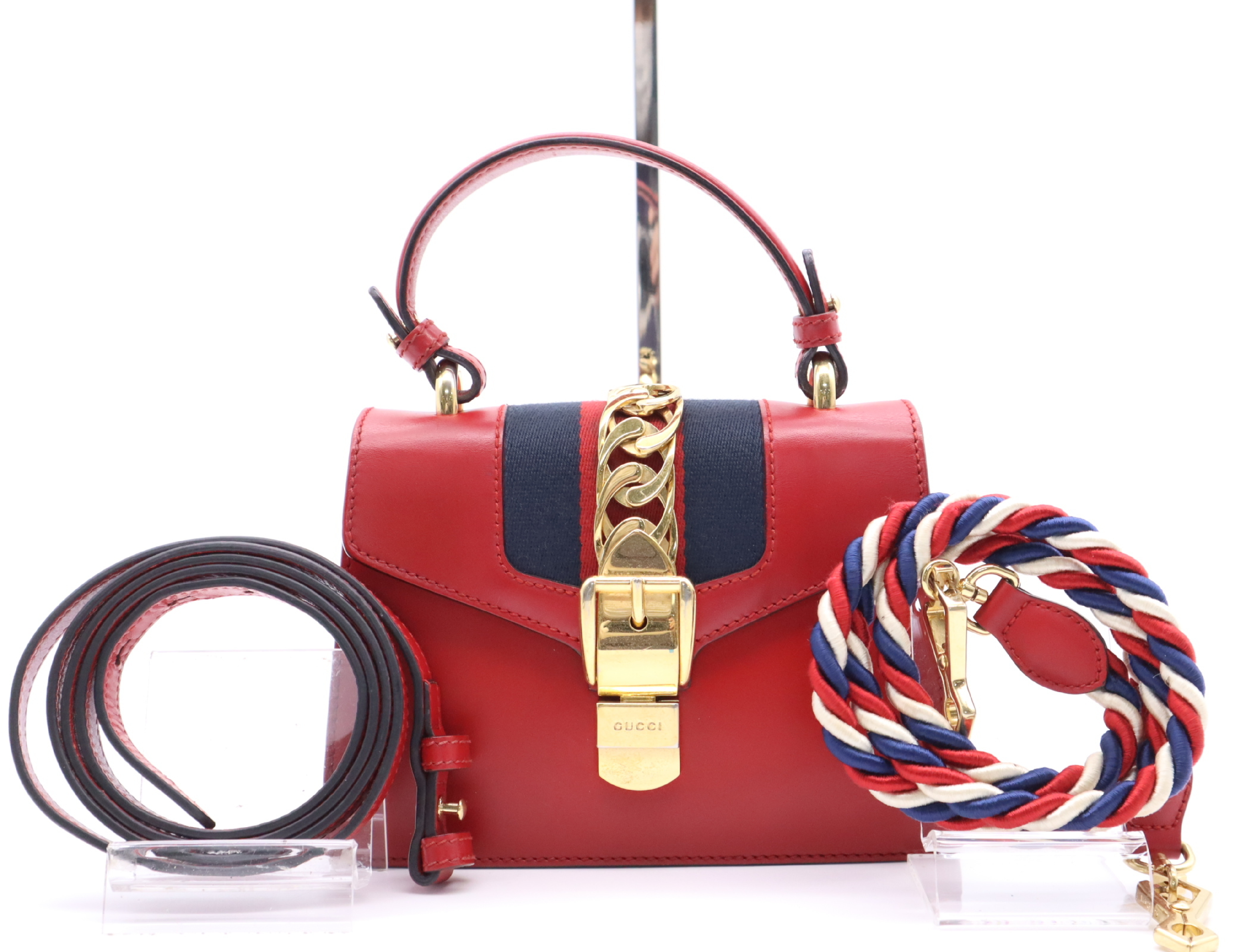 470270 Leather Sylvie 2-Way Handbag, Red, Gold Hardware, Includes 2 Shoulder Straps.