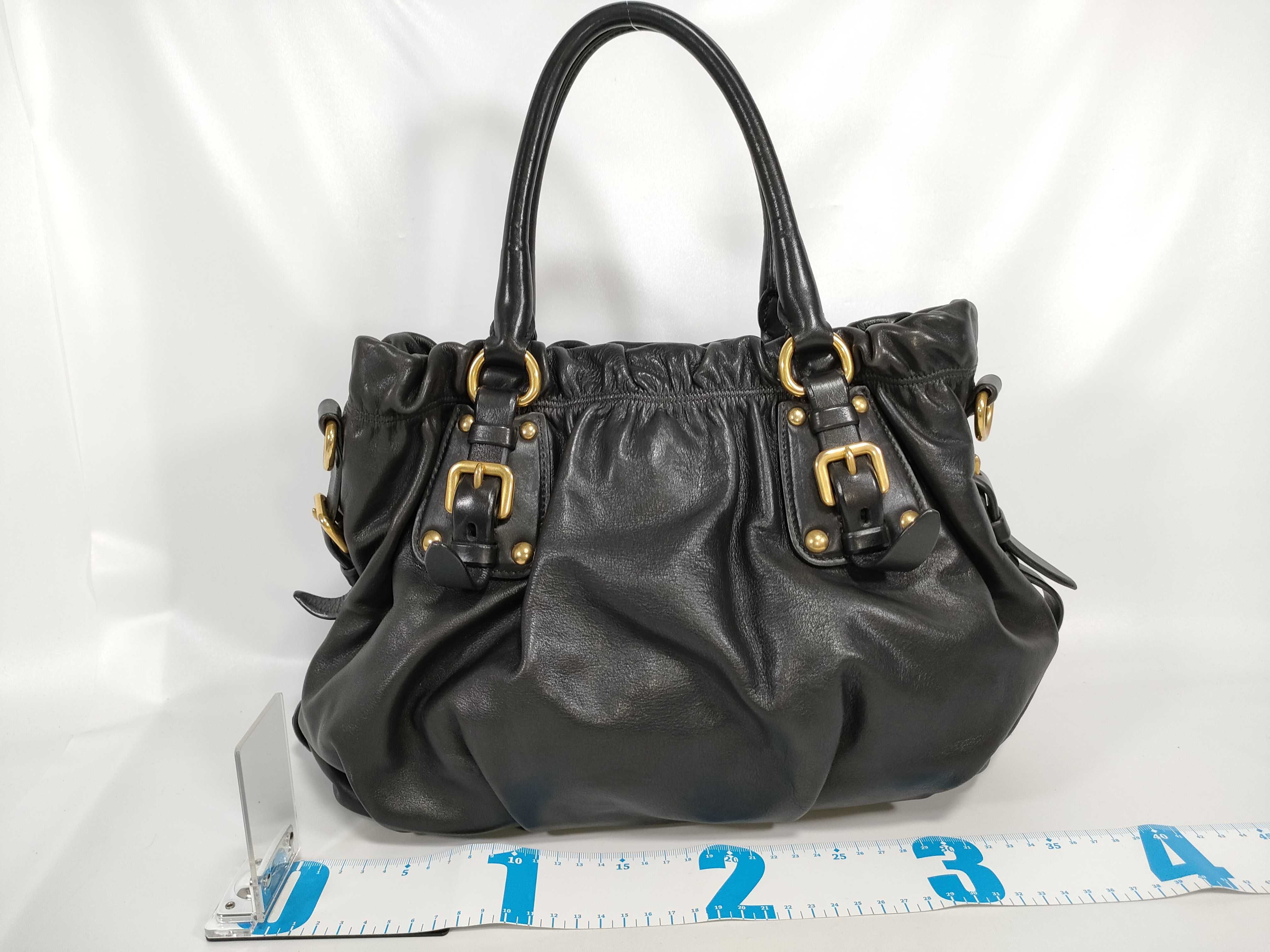 Black Leather Shirring Tote Bag (Handbag) — view 2