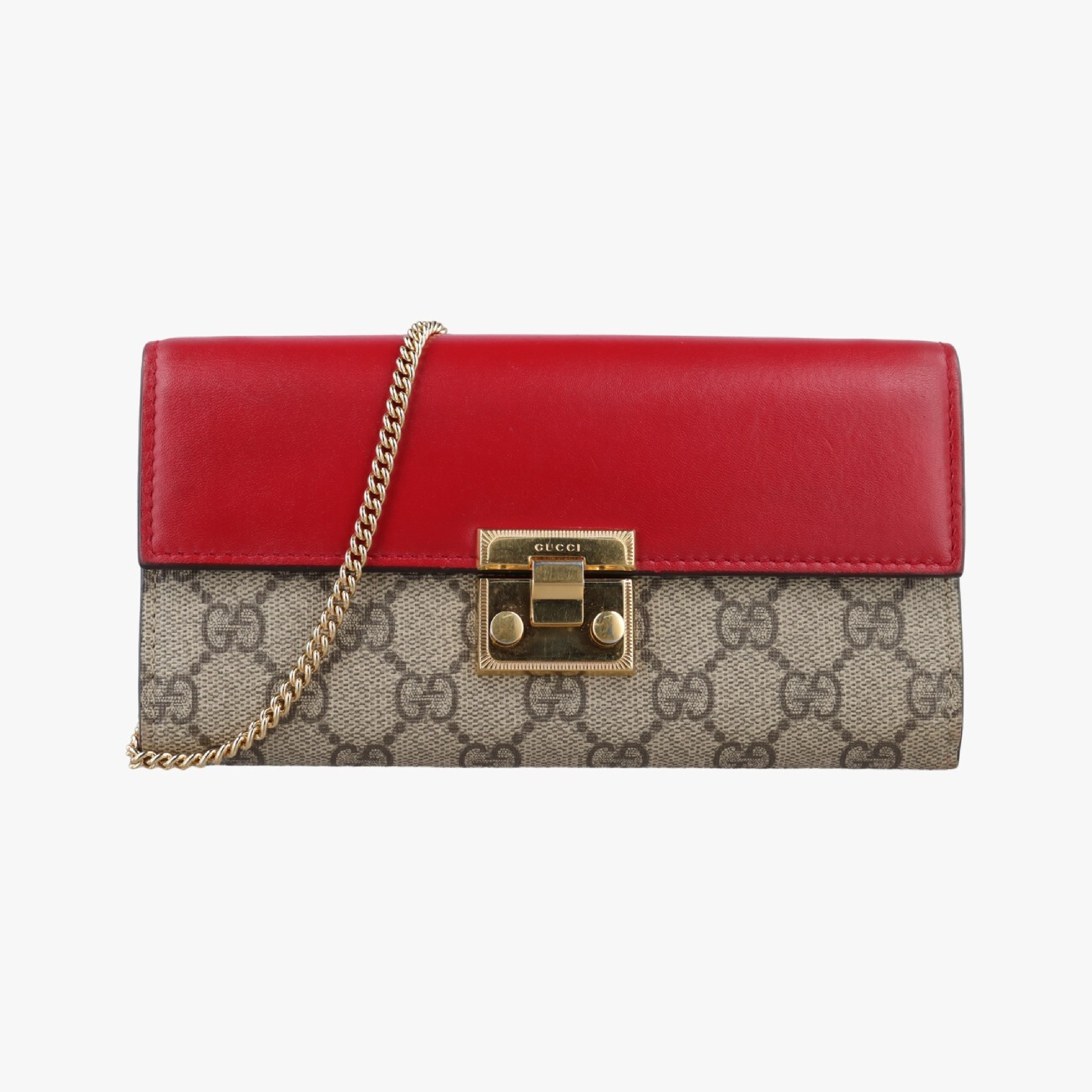Padlock Chain Handbag, Beige x Red x Multi, PVC Coated Canvas x Leather, 453506