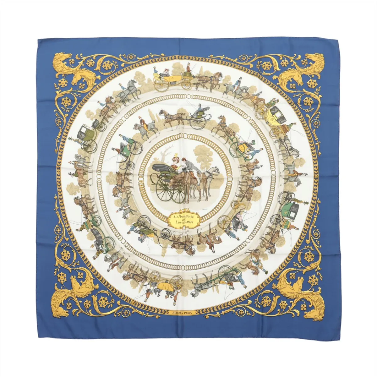Carre 90 "LA PROMENADE DE LONGCHAMPS" scarf, silk, navy, with some wear,