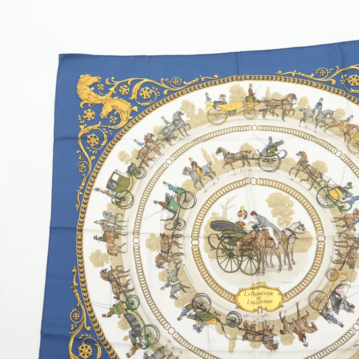 Carre 90 "LA PROMENADE DE LONGCHAMPS" scarf, silk, navy, with some wear, — view 2