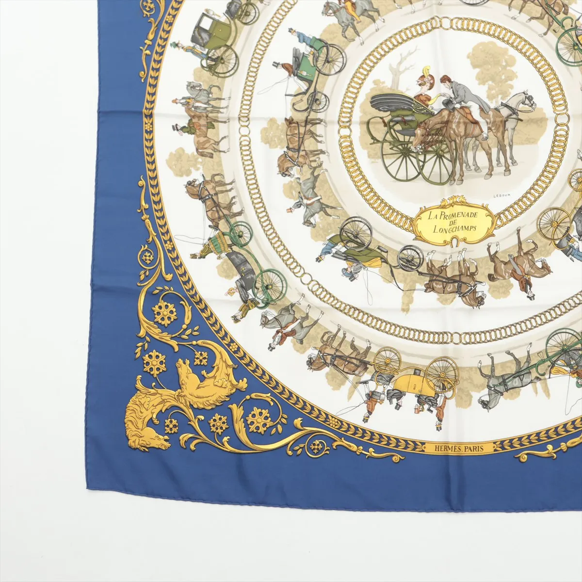 Carre 90 "LA PROMENADE DE LONGCHAMPS" scarf, silk, navy, with some wear, — view 5