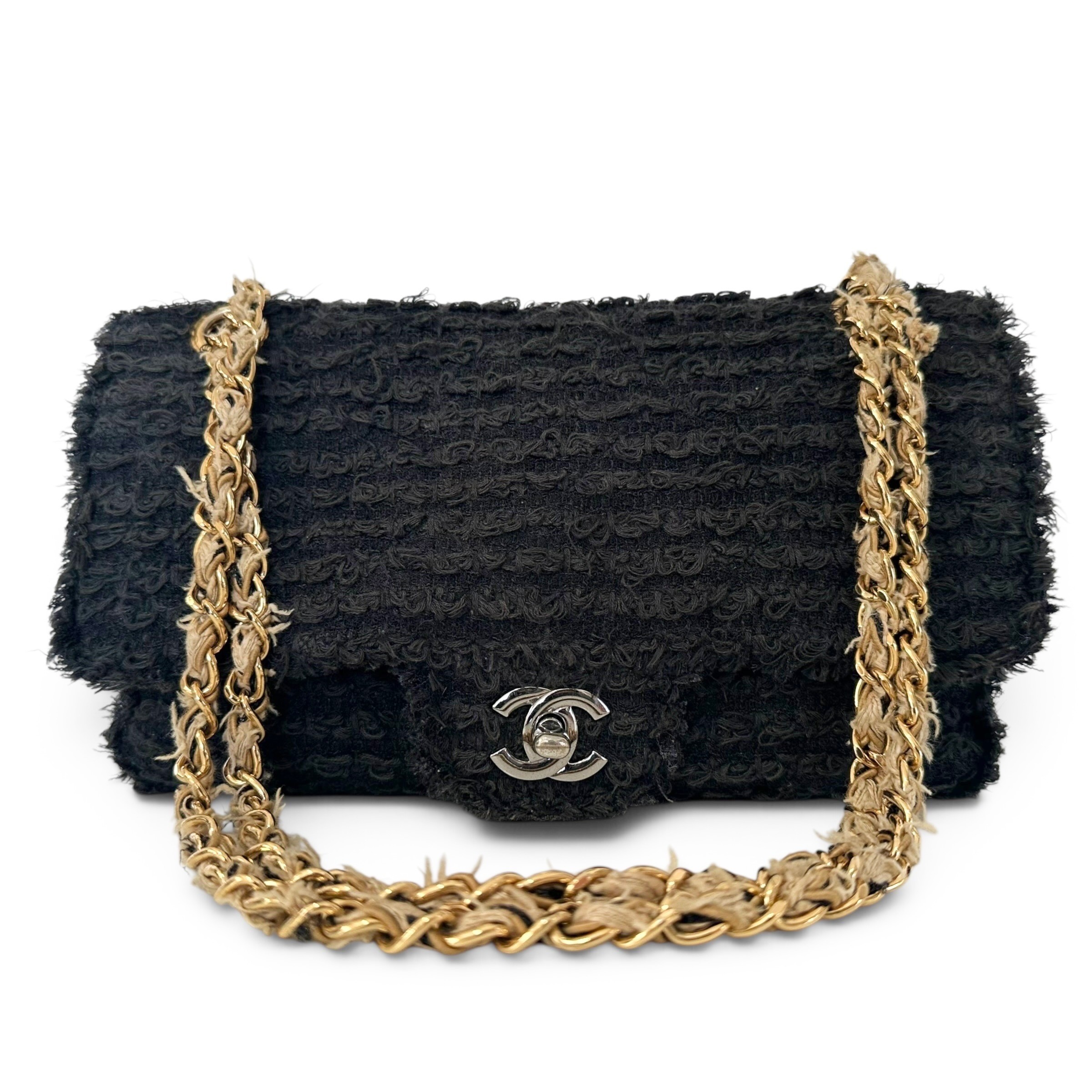 Matelassé Tweed Single Flap Double Chain Bag, Black