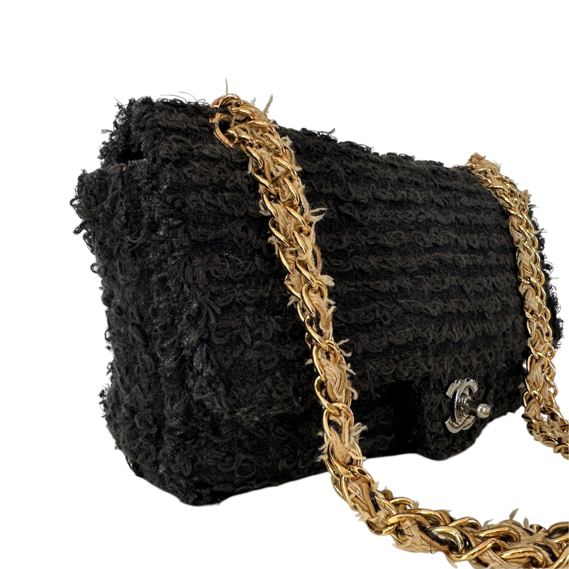 Matelassé Tweed Single Flap Double Chain Bag, Black — view 2