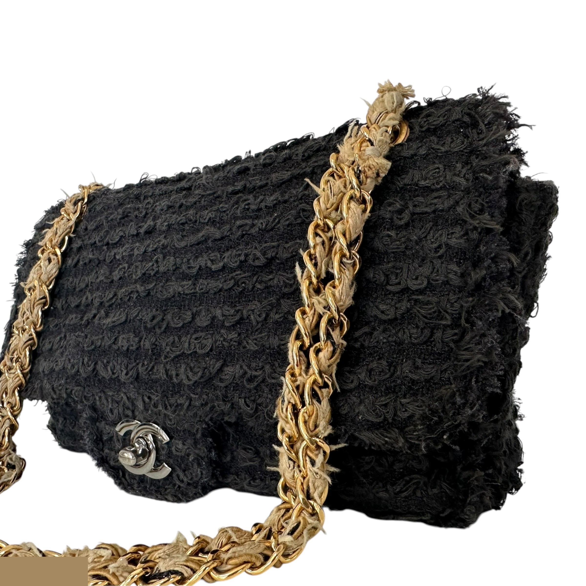 Matelassé Tweed Single Flap Double Chain Bag, Black — view 3