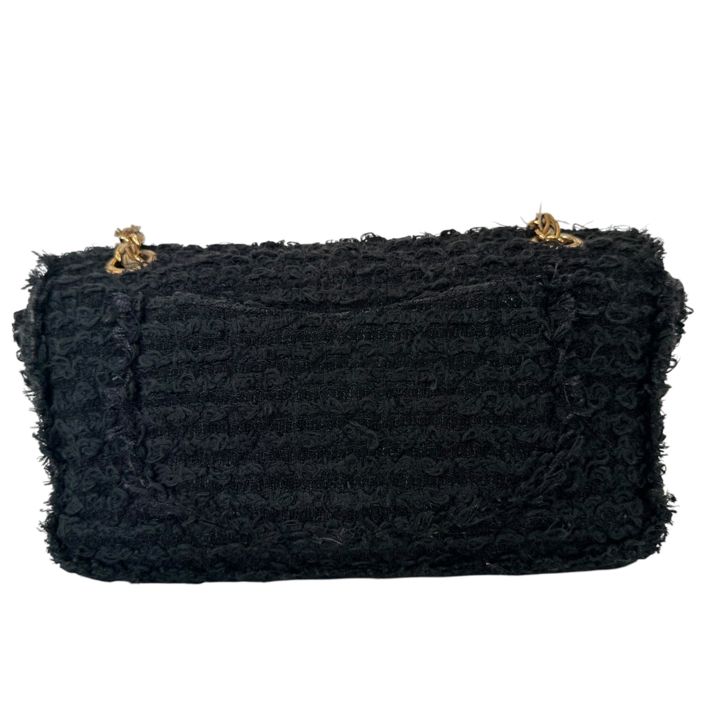 Matelassé Tweed Single Flap Double Chain Bag, Black — view 4