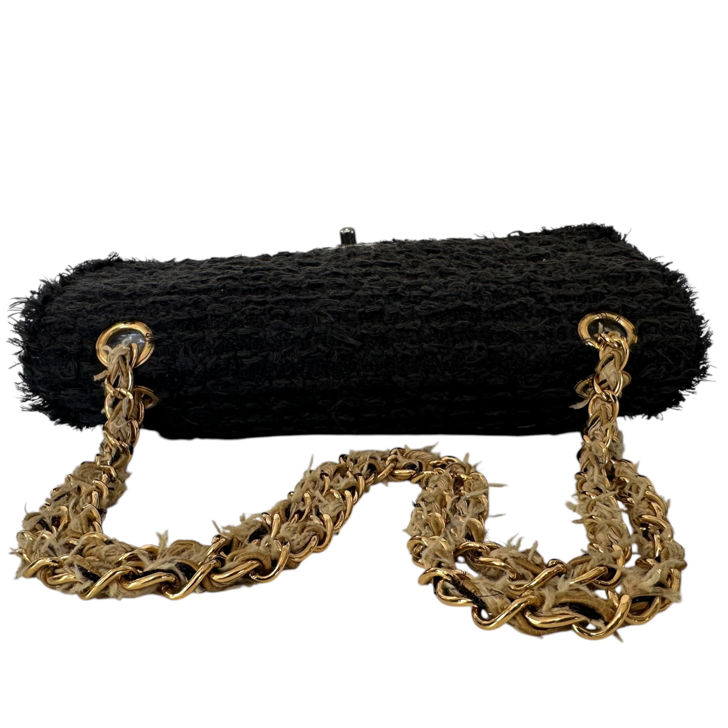 Matelassé Tweed Single Flap Double Chain Bag, Black — view 5