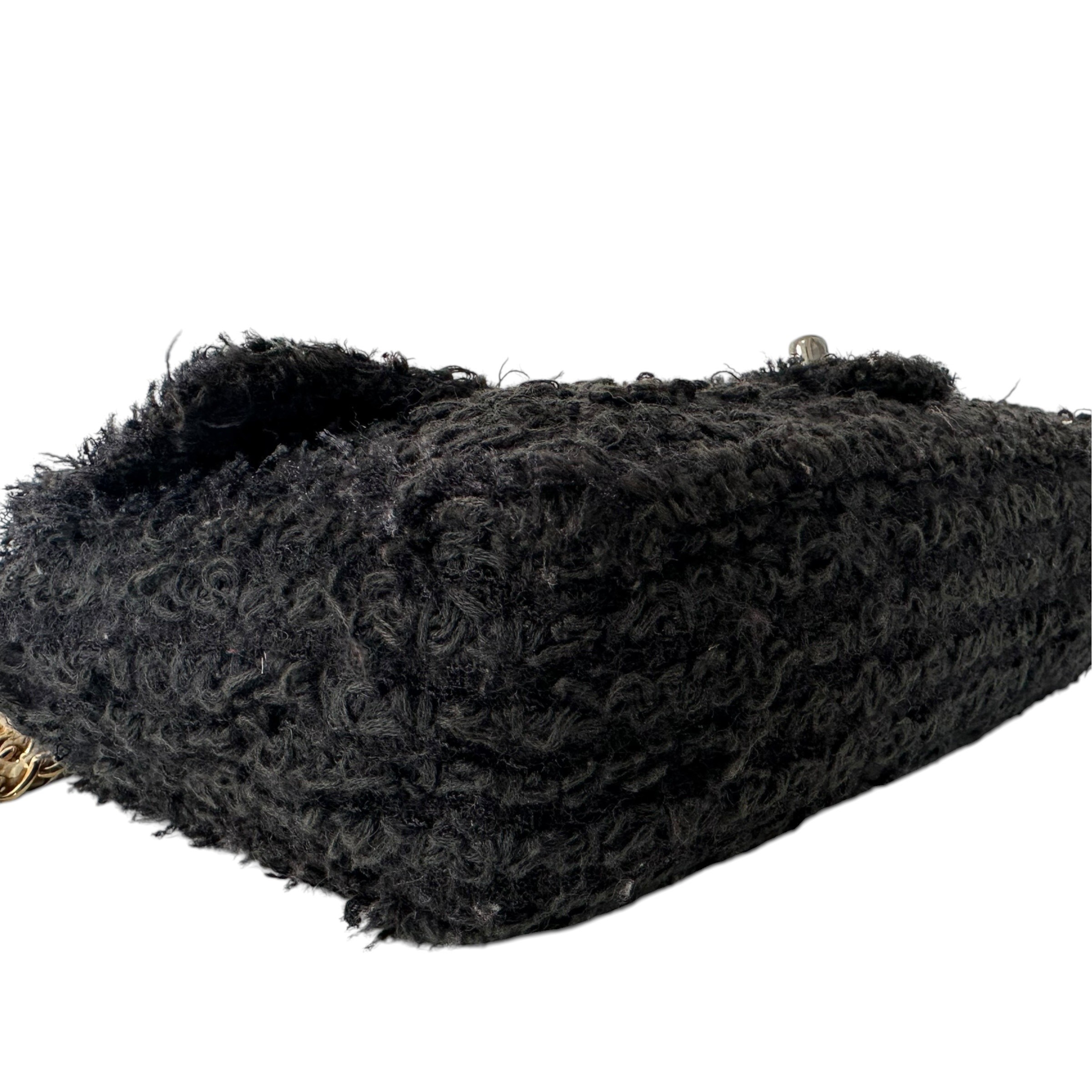 Matelassé Tweed Single Flap Double Chain Bag, Black — view 6