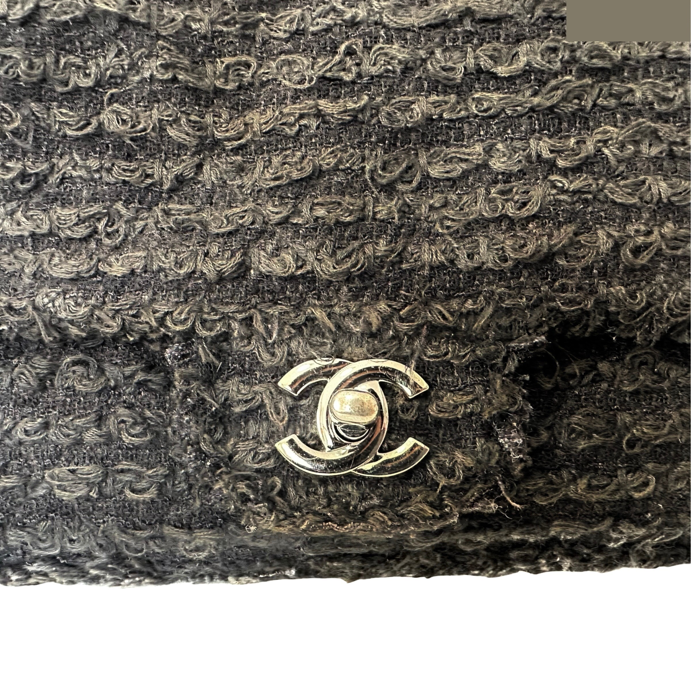 Matelassé Tweed Single Flap Double Chain Bag, Black — view 8