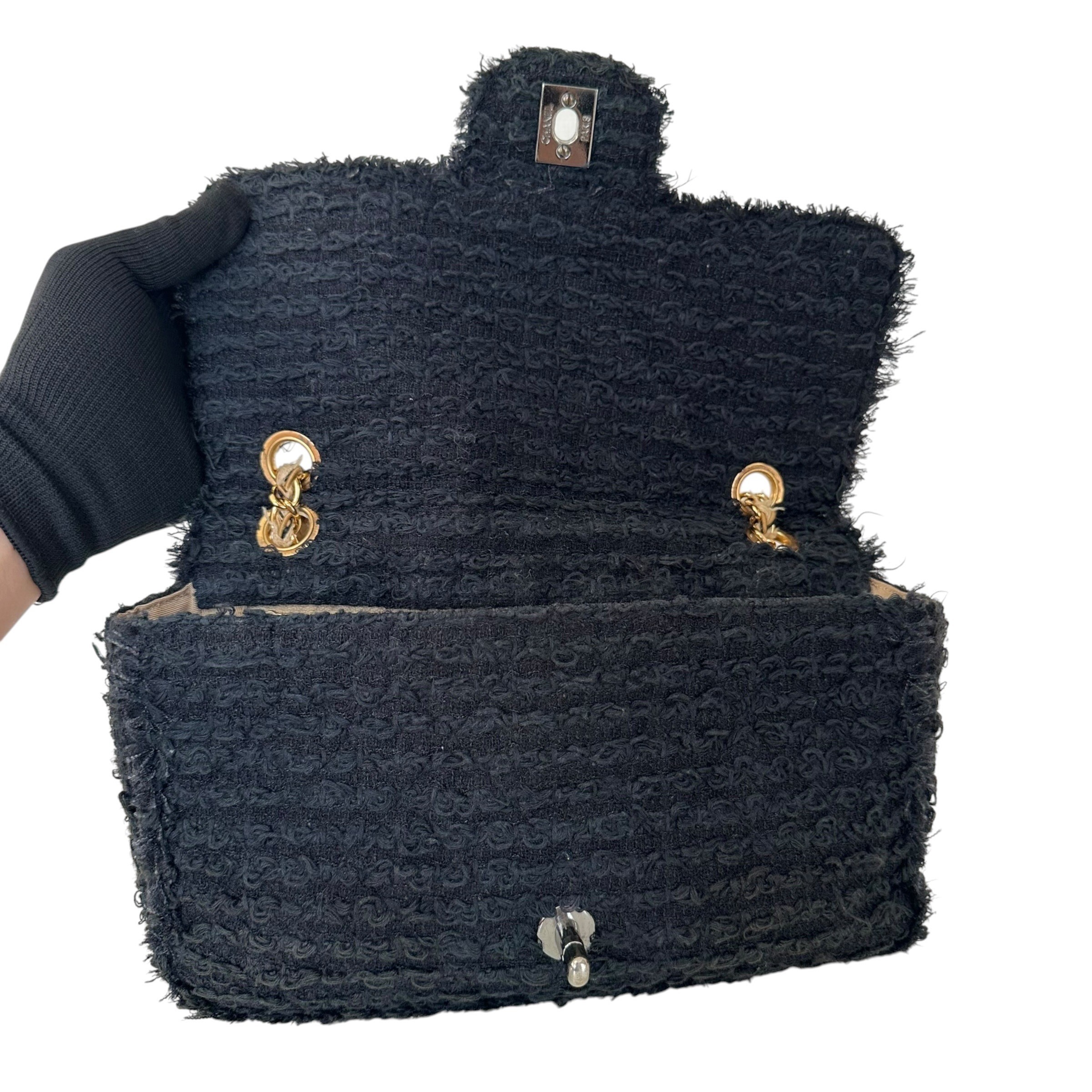 Matelassé Tweed Single Flap Double Chain Bag, Black — view 9