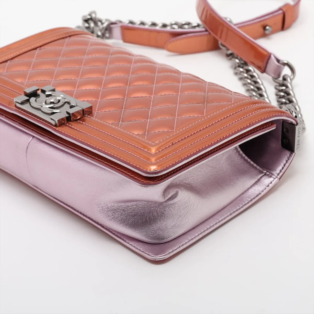 Boy Chanel 25 Patent Leather Chain Shoulder Bag, Orange, Silver Hardware, 19437088, Serial Number 19-series, A67086 — view 3