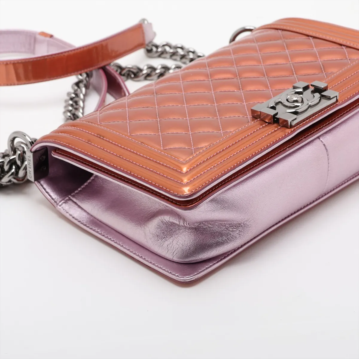 Boy Chanel 25 Patent Leather Chain Shoulder Bag, Orange, Silver Hardware, 19437088, Serial Number 19-series, A67086 — view 4