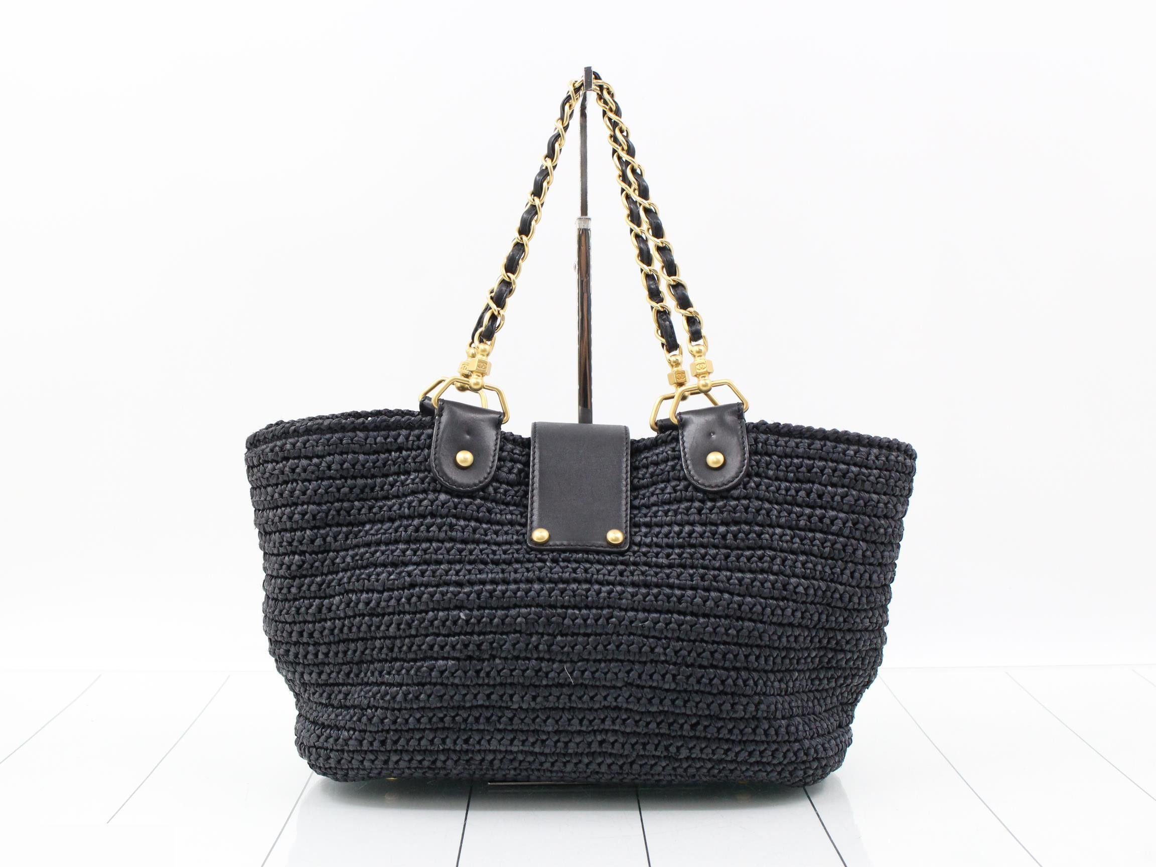 Coco Mark Chain Shopping Bag, Raffia/Lambskin, Black, Series 10, W27 — view 2