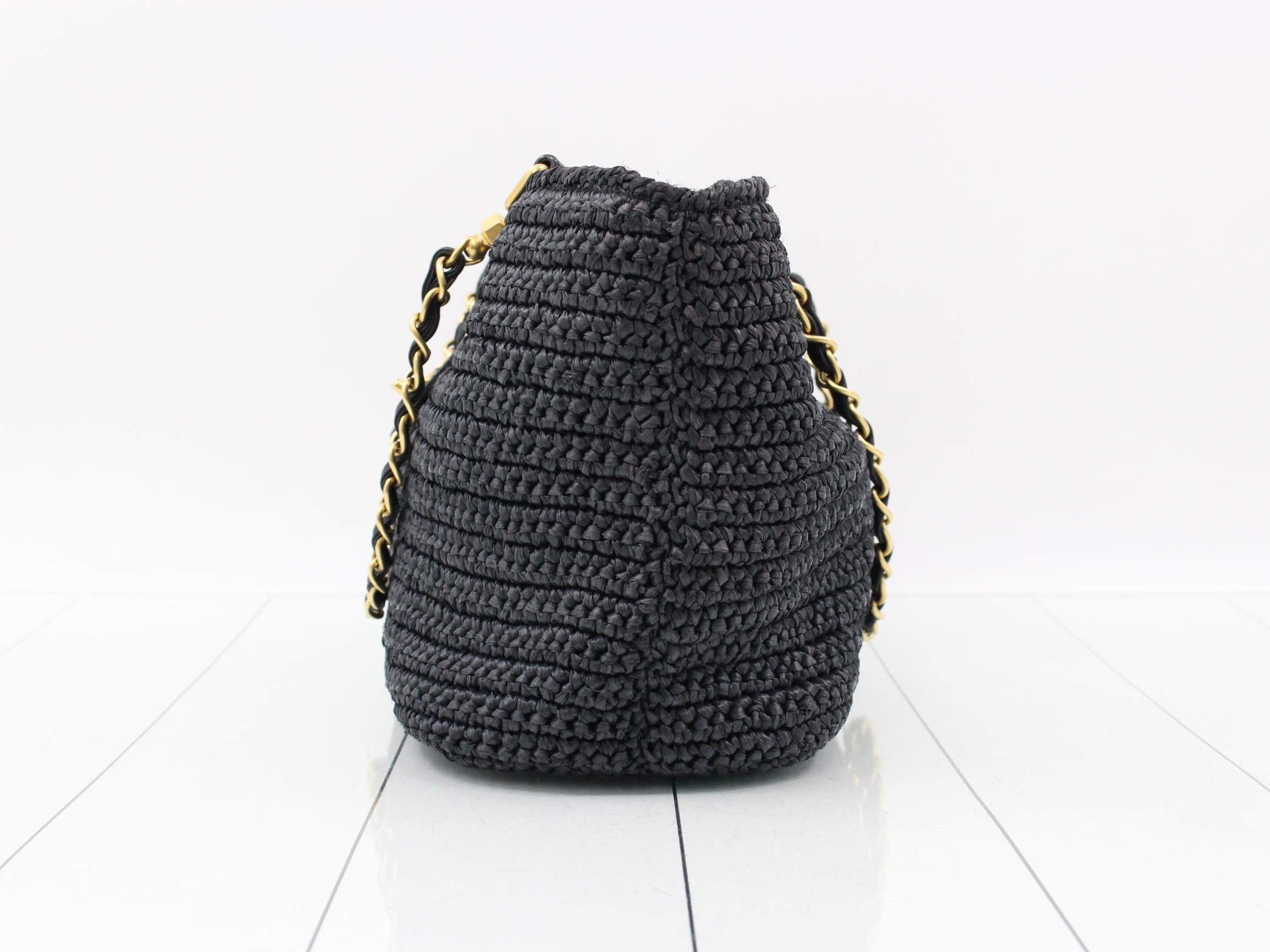Coco Mark Chain Shopping Bag, Raffia/Lambskin, Black, Series 10, W27 — view 3